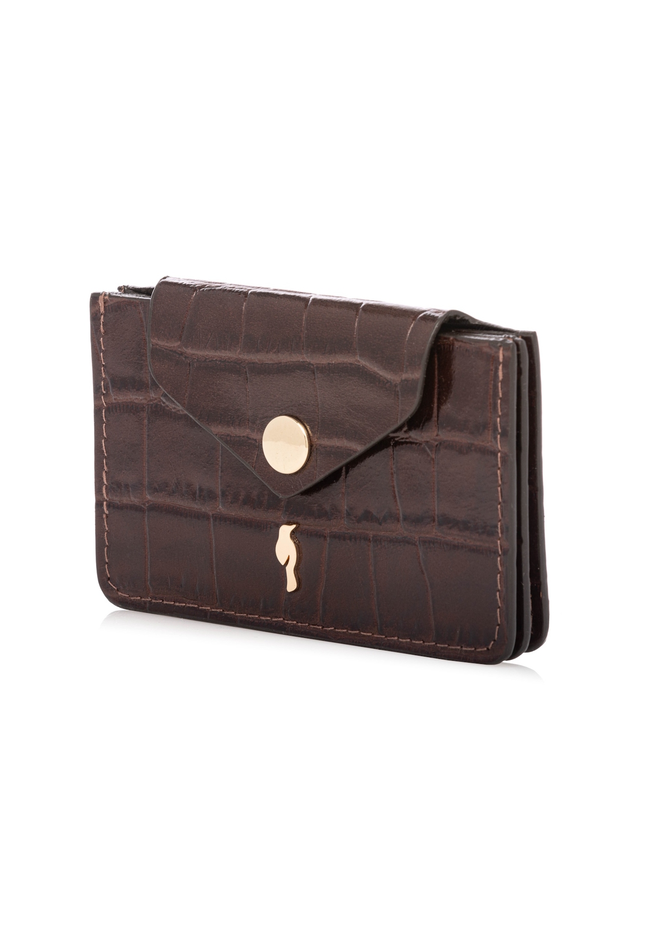Small brown leather women's wallet PORES-0890-1H(W26), diagonal product view on white background.