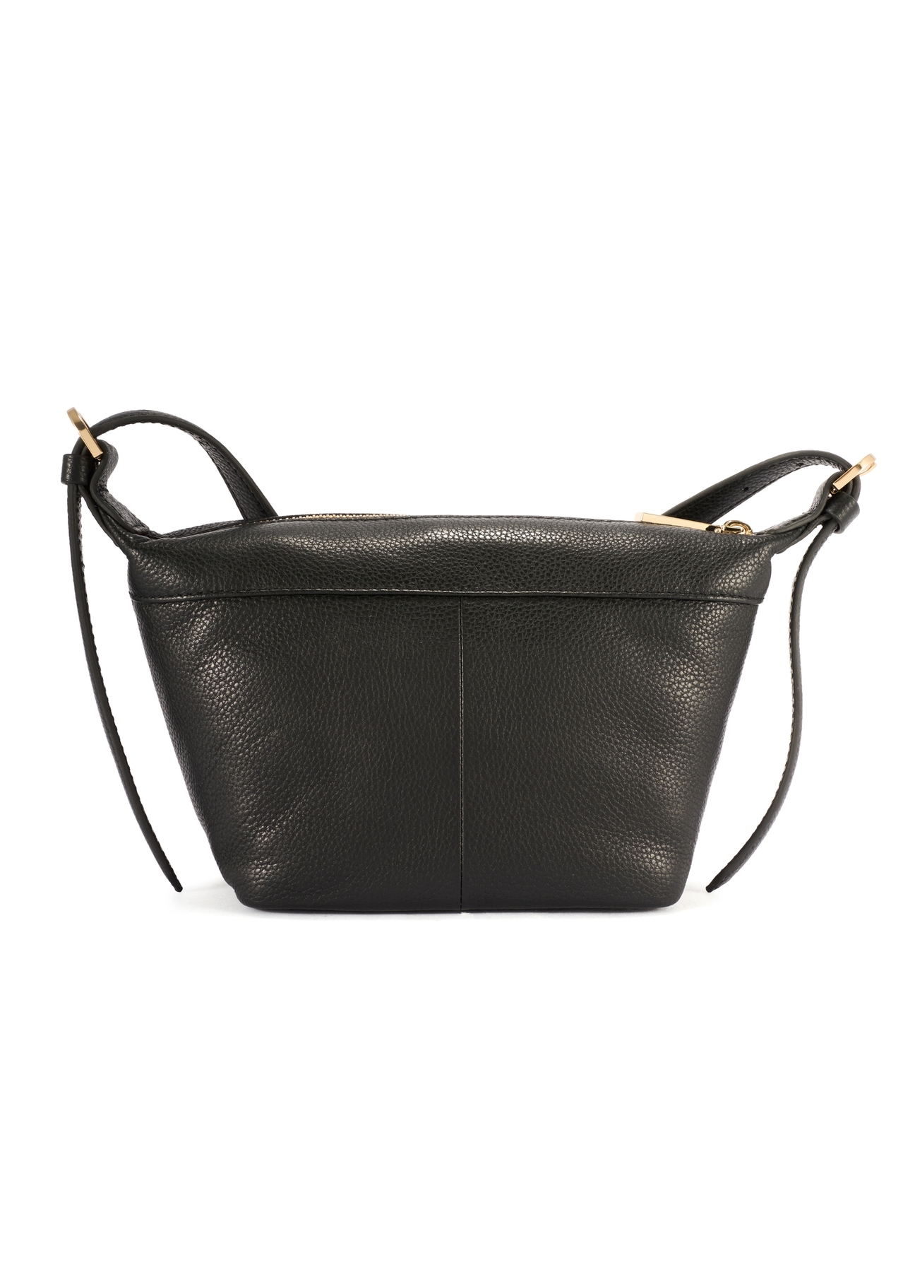 Small black handbag made of natural leather TORES-1267-9I(W26), product view from the back on a white background.
