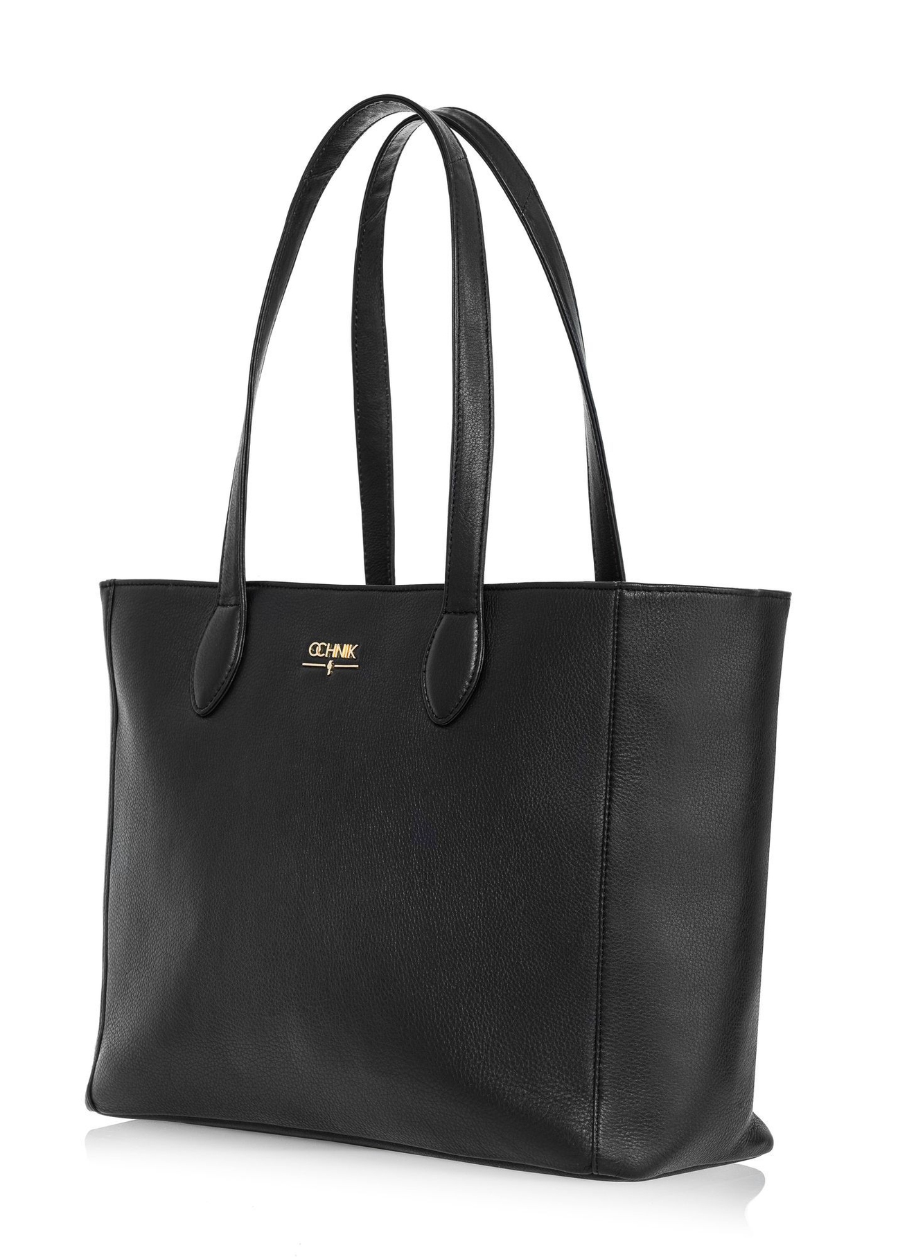 Black leather women's shopper bag TORES-0971E-99(Z25) - diagonal view on white background.