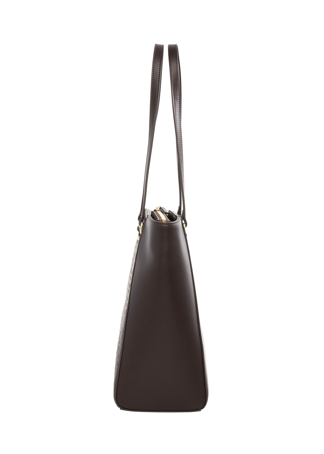 Brown women's shopper bag with monogram TOREC-1291-1I(Z26), product view from the side on a white background.