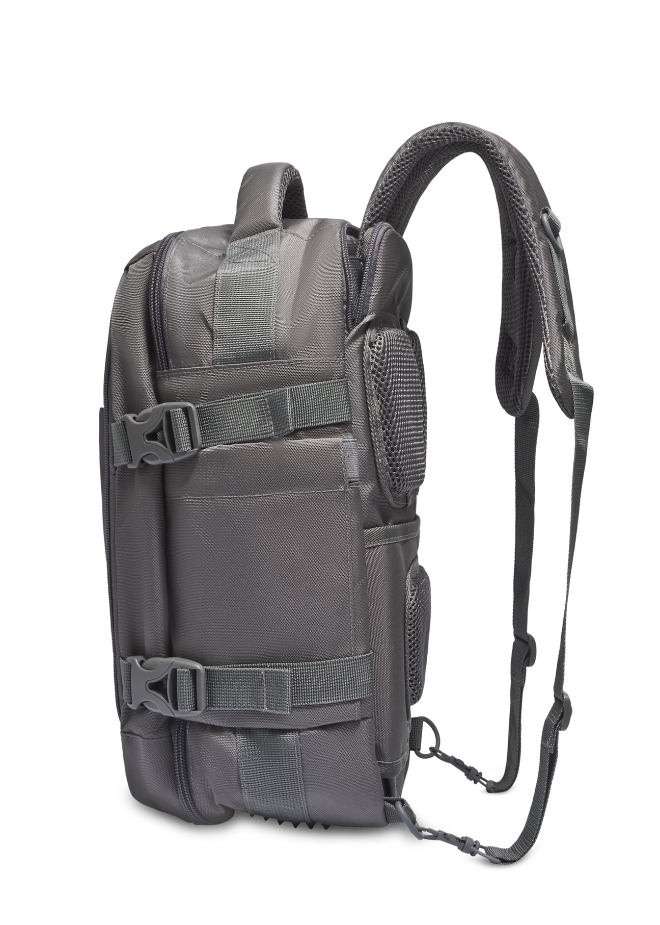 Graphite airplane backpack PLCMN-0017-9D(Z26), side view of the product on a light background.