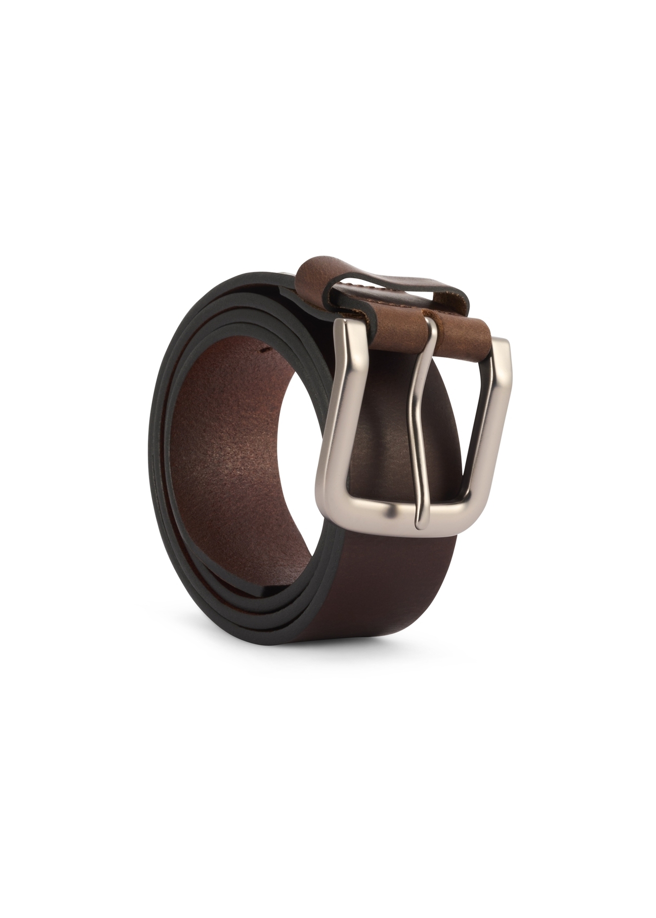 Men's brown leather belt PASMS-0271-89(Z25), product view rolled up on white background.