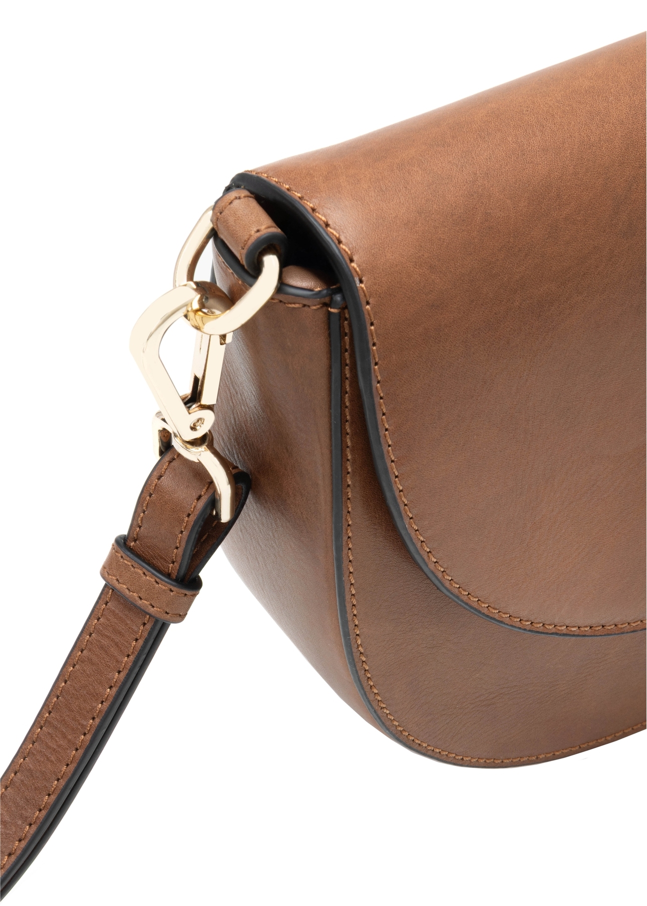 Women's brown leather messenger bag TORES-1246-1F(W26), close-up of product detail, view on white background.