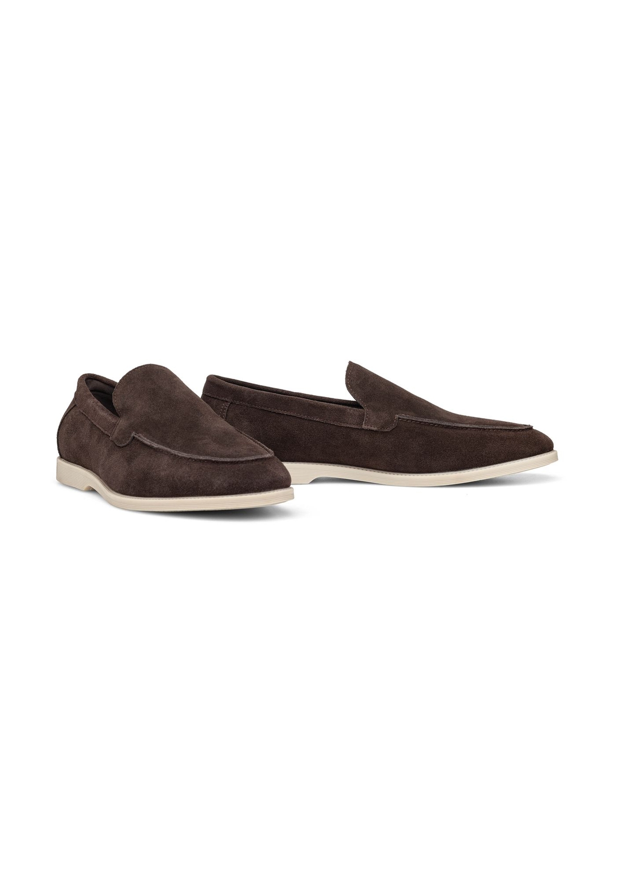 Dark brown suede men's moccasins BUTYM-0526-1I(W26), diagonal product view on white background.