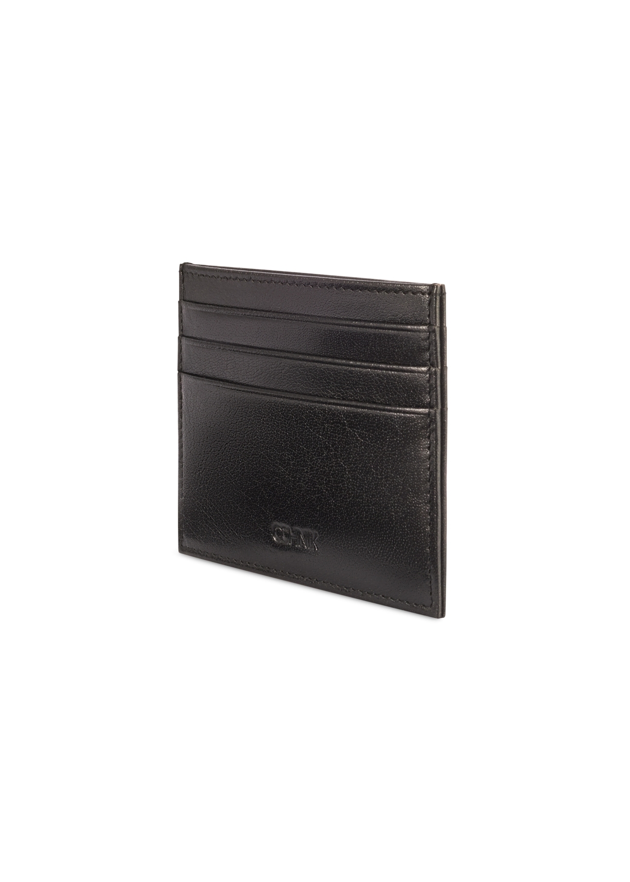 Black leather card case PORMS-0679-99(W26), diagonal product view on white background.