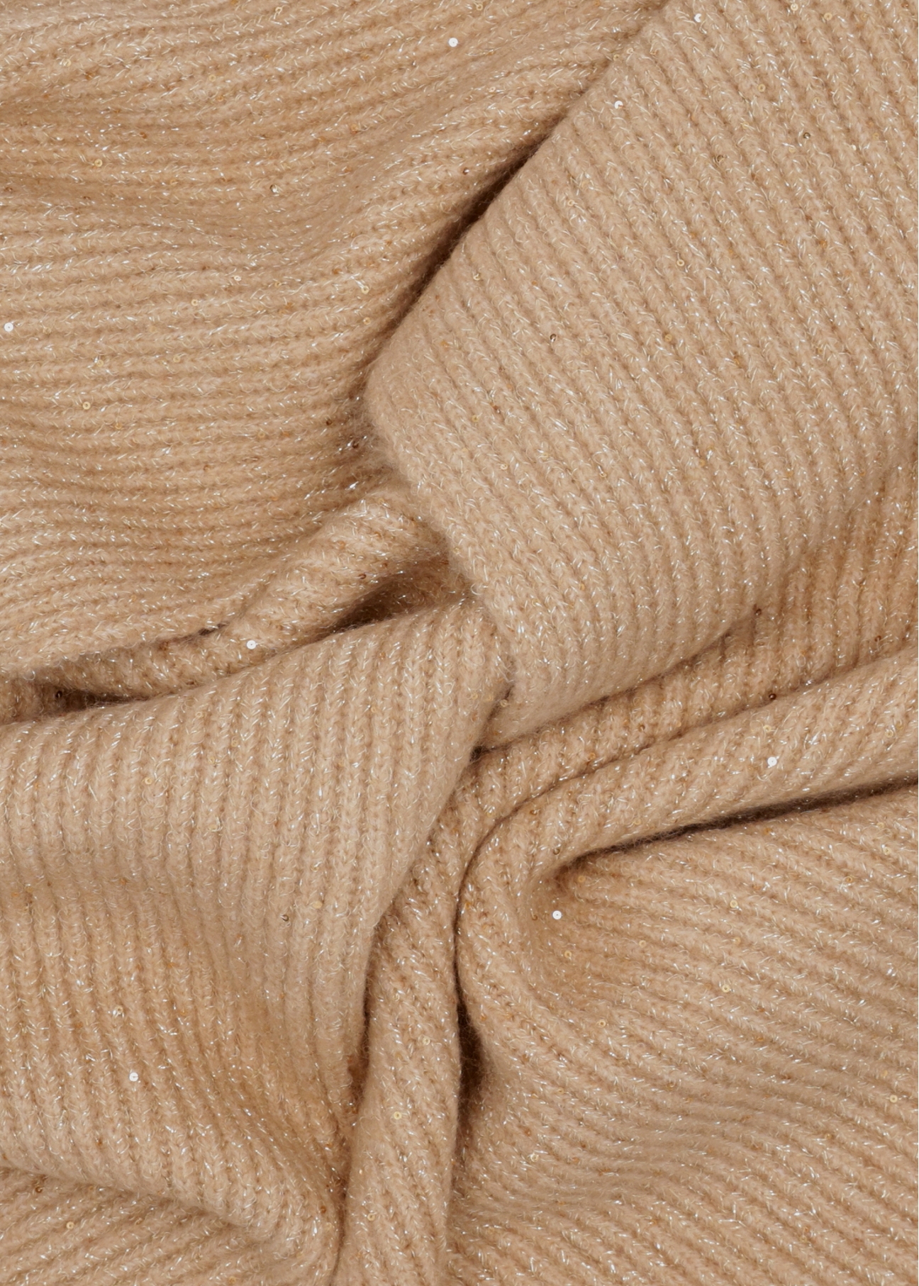 Women's camel scarf with sequins SZADT-0225-1D(Z26), close-up of the product material on a white background.