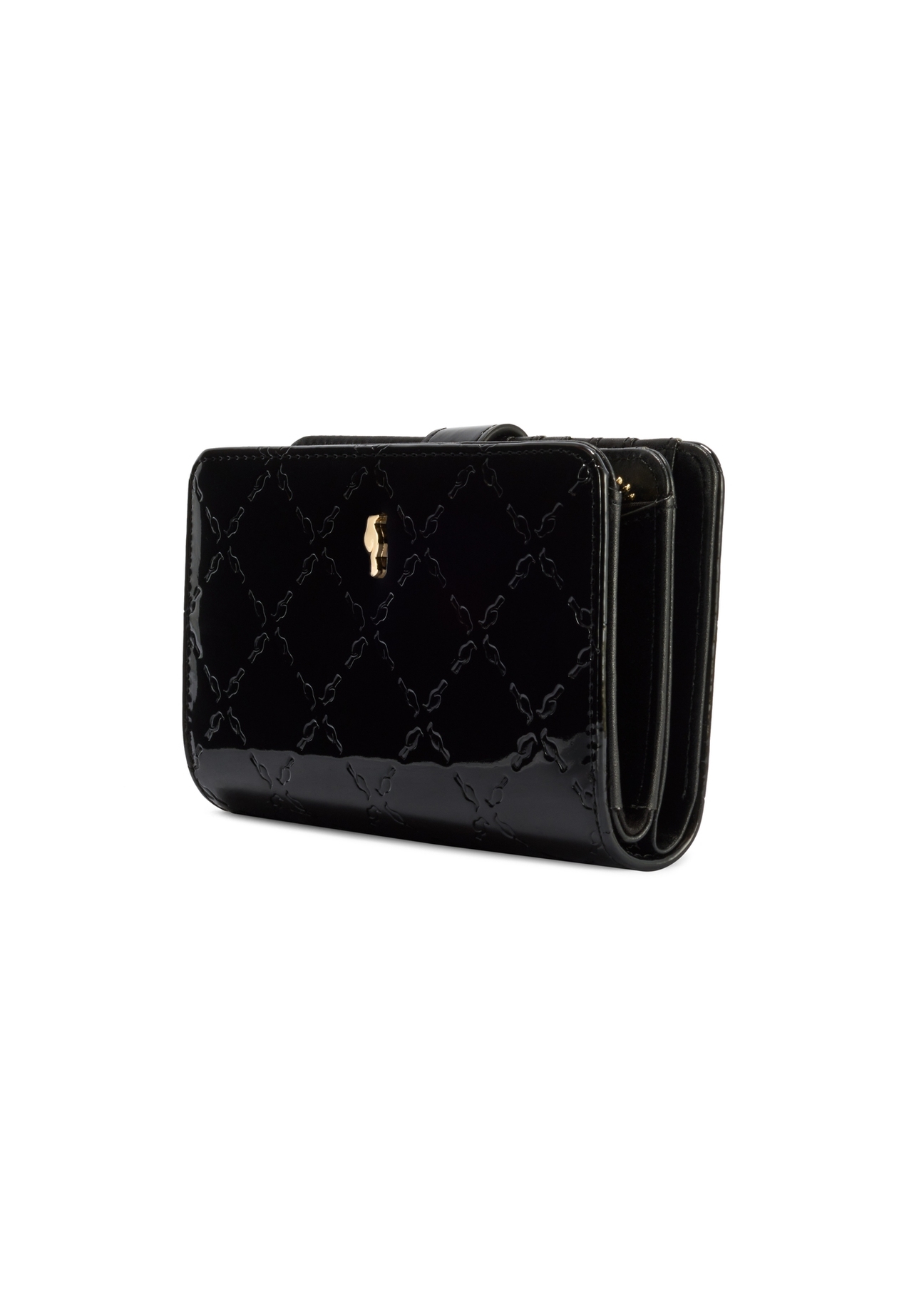 Black women's wallet with monogram POREC-0420-98(Z25) - diagonal view of the product on a white background.