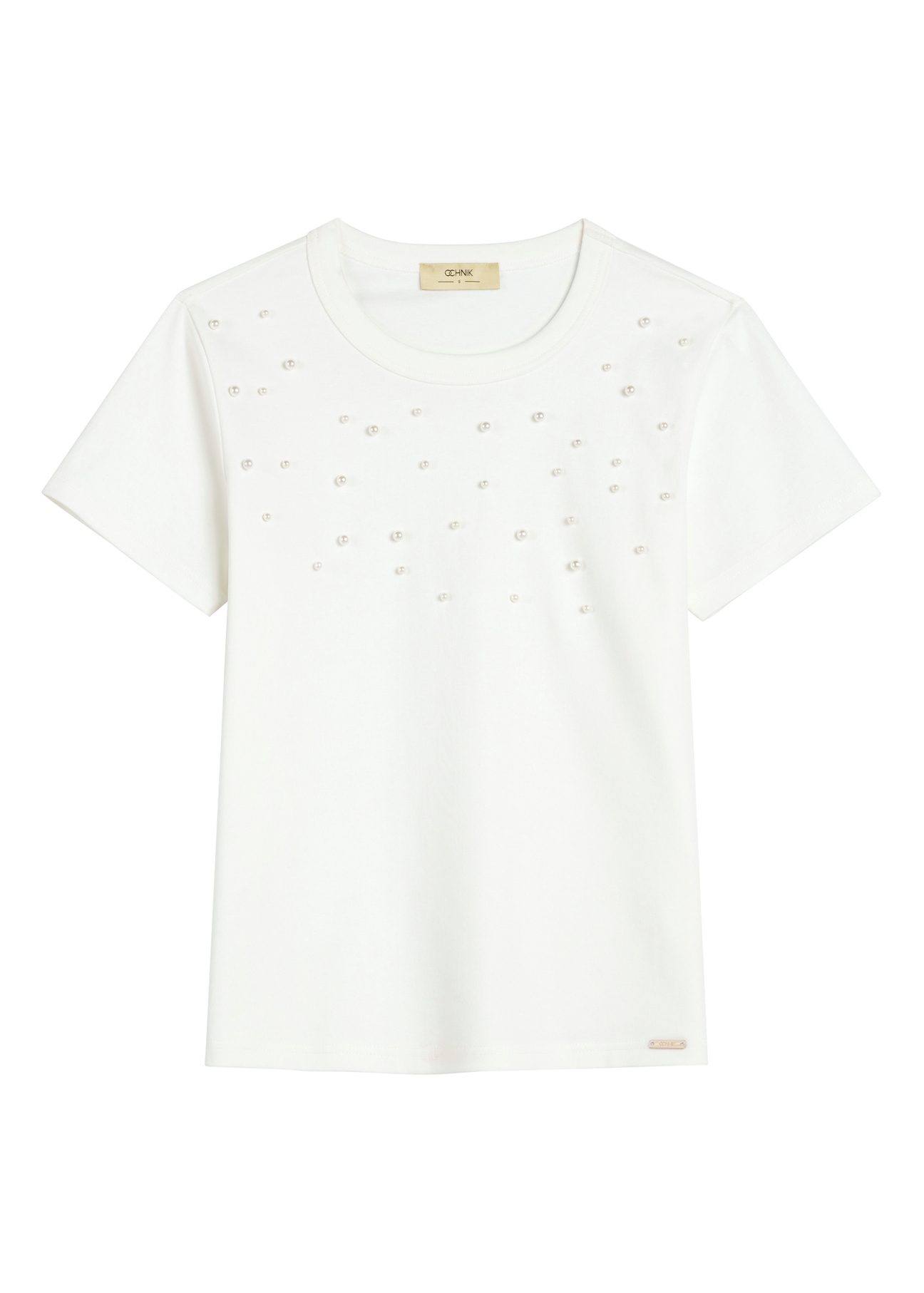 Cream women's T-shirt with pearls TSHDT-0158-0B(W26), front product view on white background.