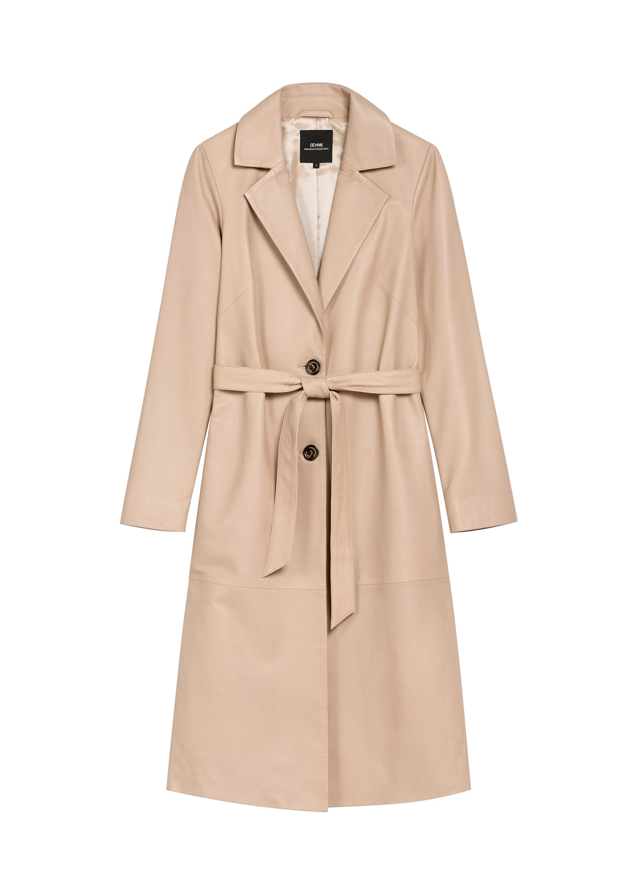 Beige women's leather coat KURDS-0613-1B(W26), front product view on white background.