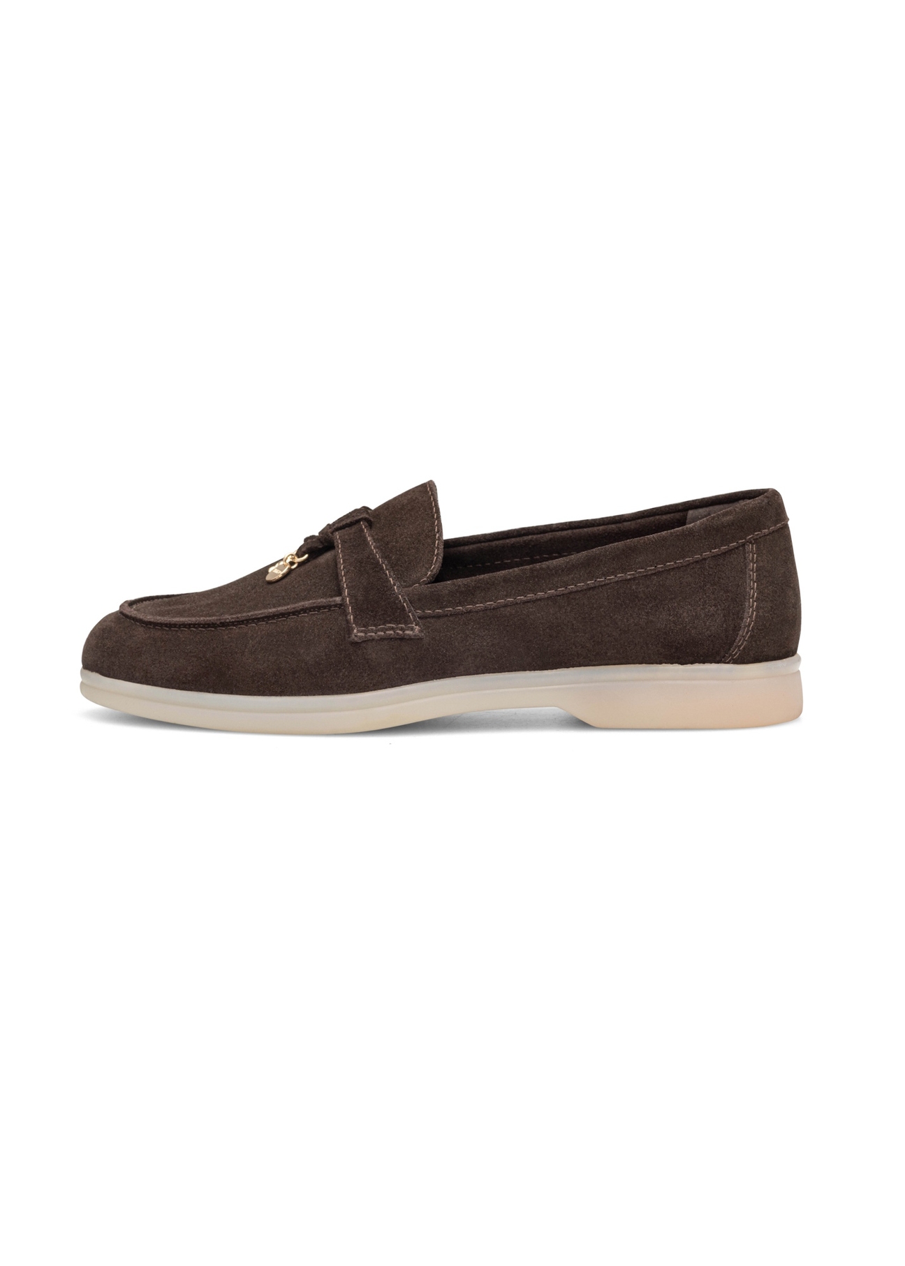 Dark brown leather women's moccasins BUTYD-1256-1I(W26), side product view on white background.
