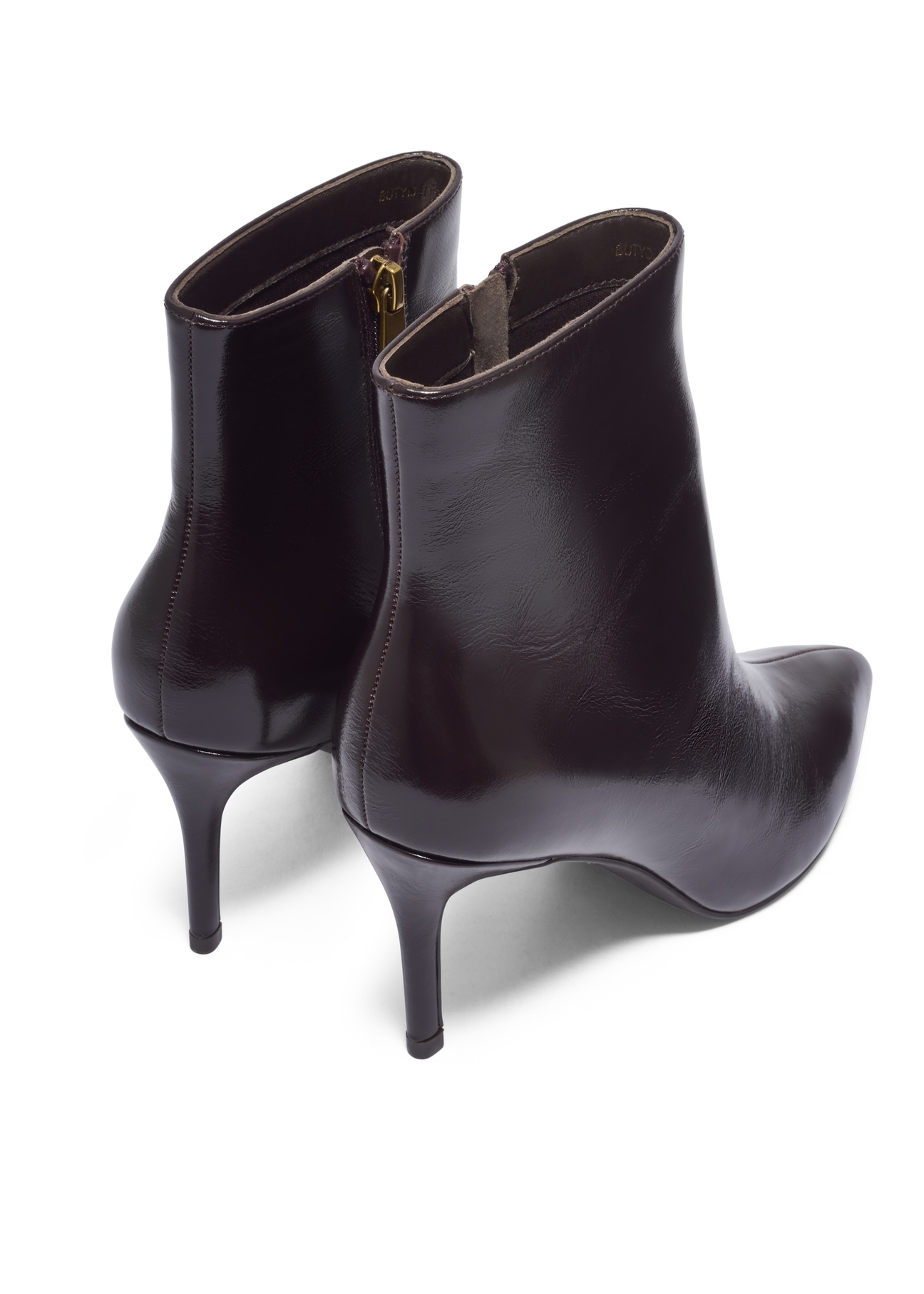 Dark brown leather stiletto ankle boots BUTYD-1122-1I(Z26). Back view diagonally against a white background.