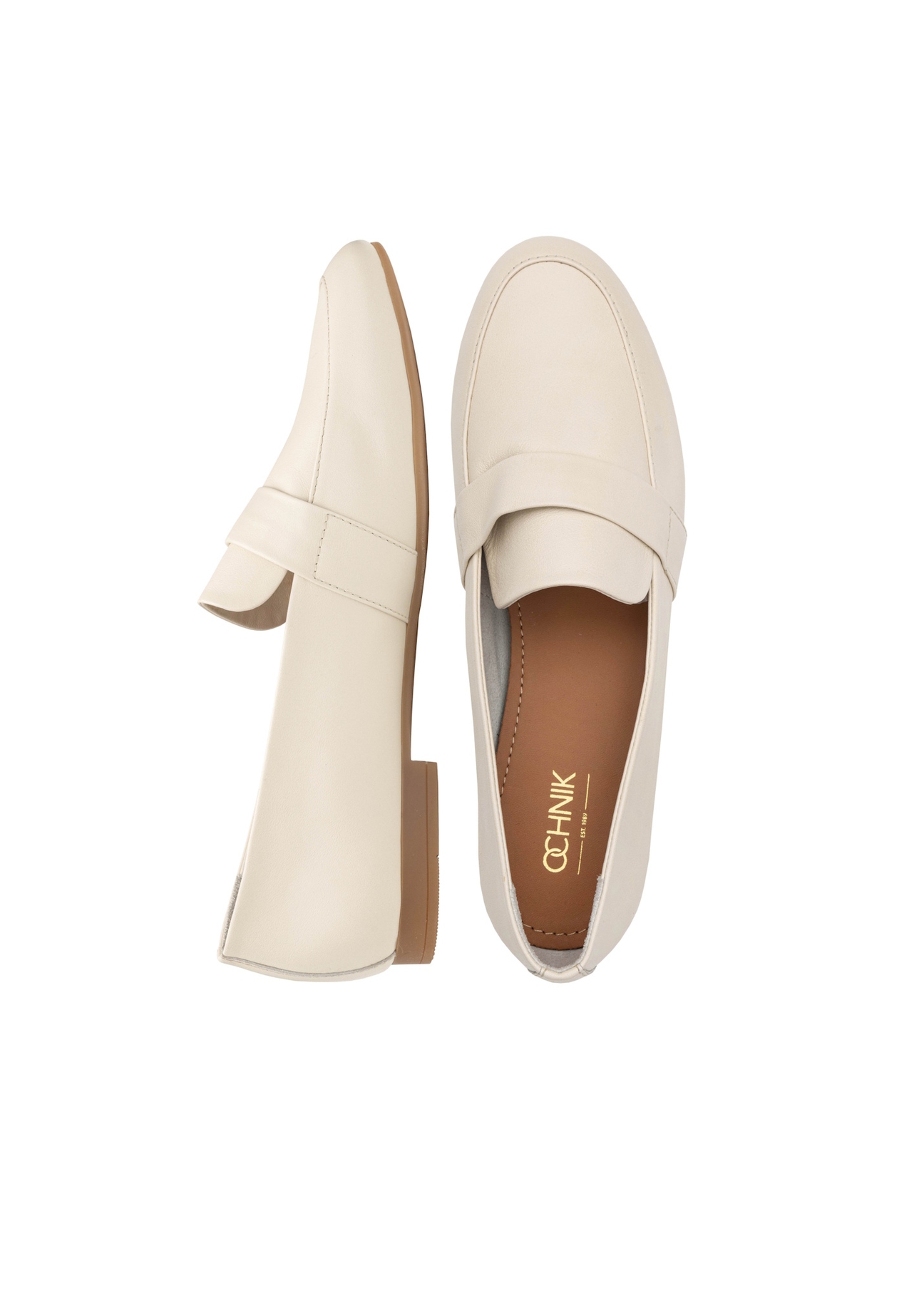 Women's leather cream moccasins BUTYD-1074A-0B(W26), product view from above on white background.