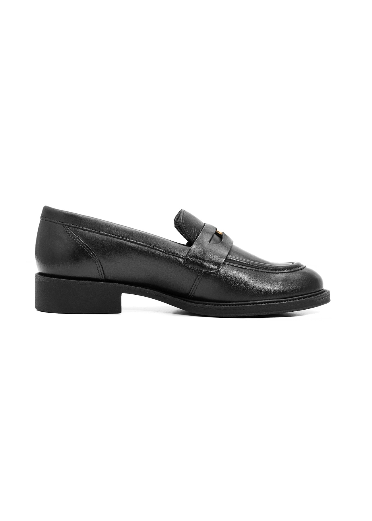 Women's black leather moccasins with logo BUTYD-1199-99(Z25), side view of the product on a white background.