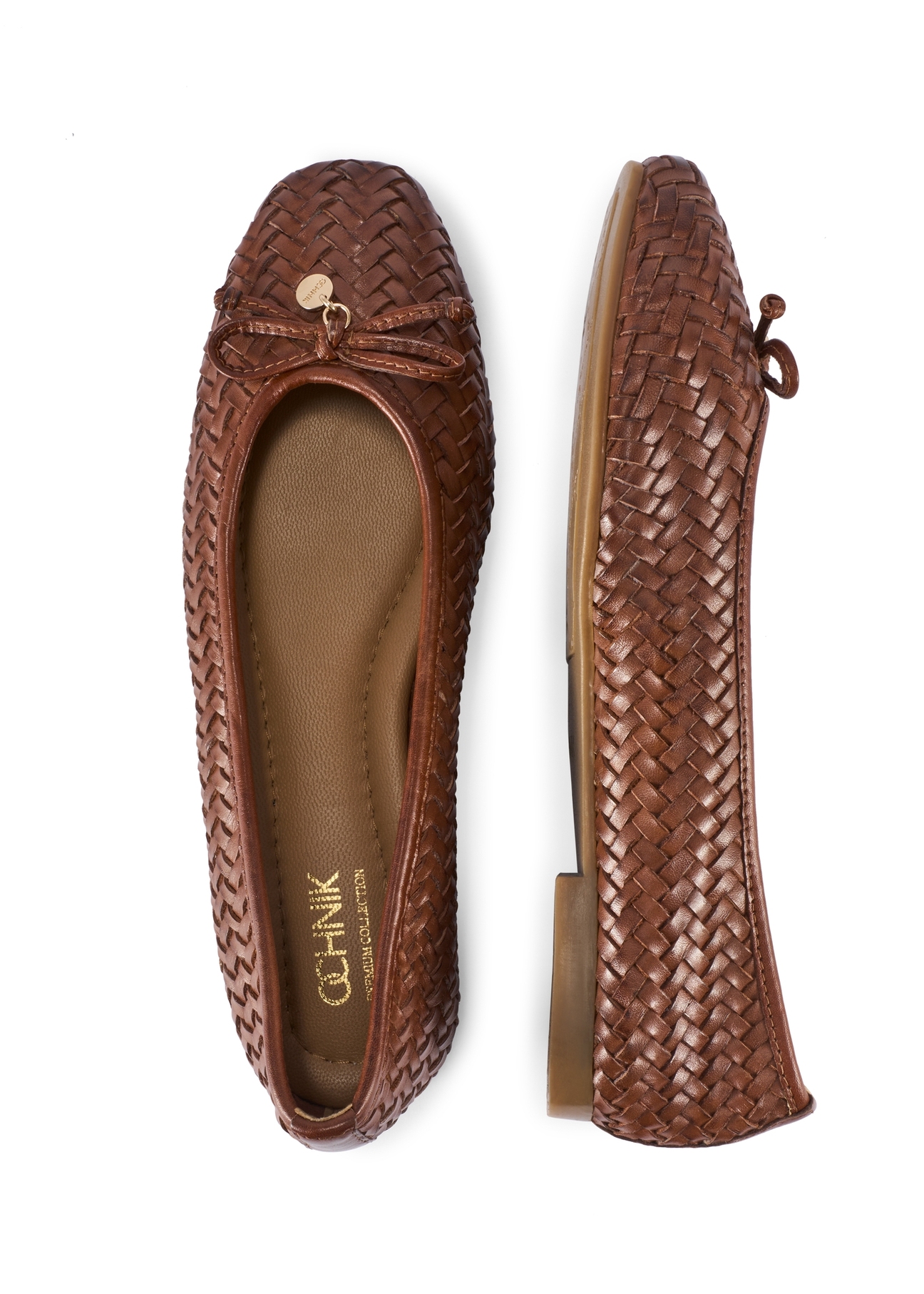 Women's brown braided ballet flats BUTYD-1249-1H(W26), product view from above on white background.