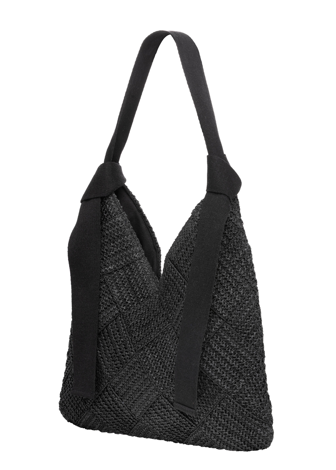 Black women's handbag made of natural fiber TOREC-1039-99(W26), diagonal product view on a white background.