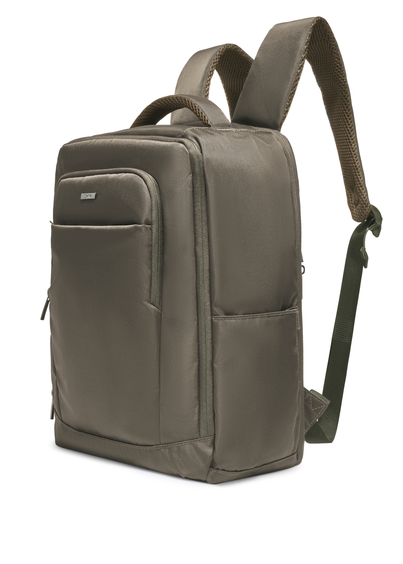Khaki PLCMN-0014-8D(Z26) airplane backpack. Side view, diagonal, on a white background.