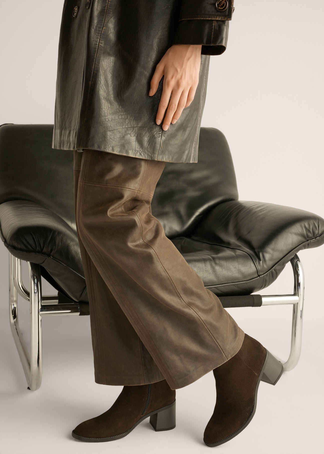 Brown suede high-heeled ankle boots BUTYD-1101-1I(Z26), side view of the product on the model's feet.