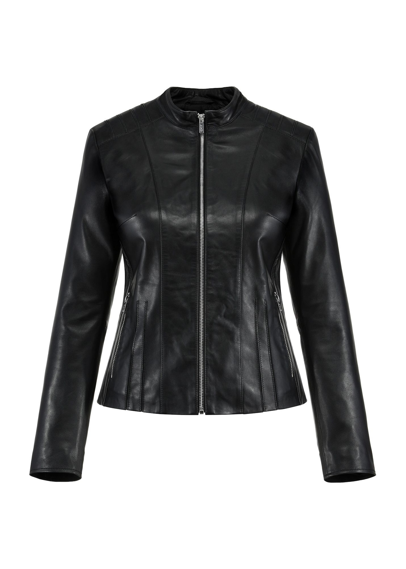 Black women's leather jacket KURDS-0531-99(KS) - front product view, on white background.