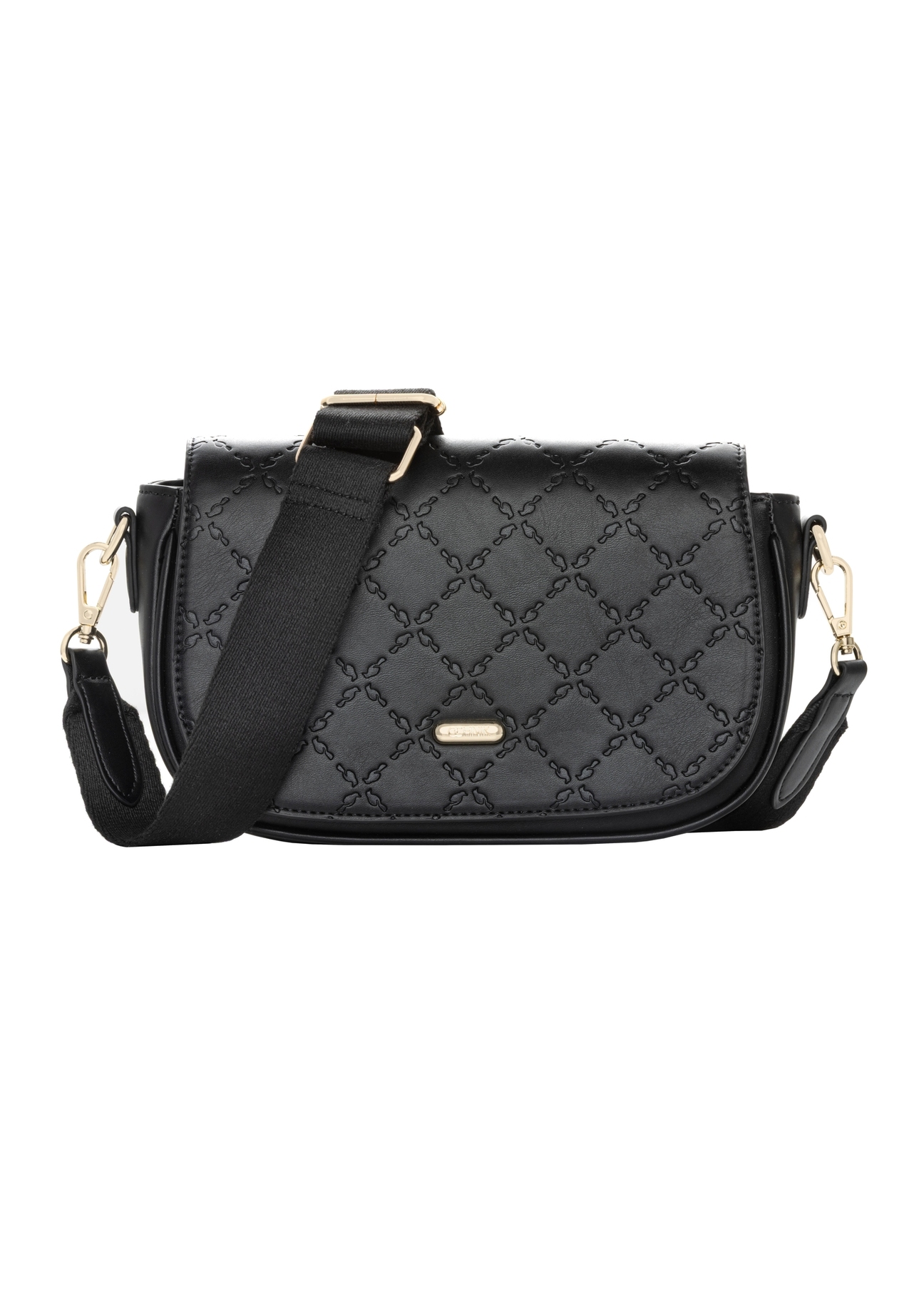 Small black women's messenger bag with monogram TOREC-1289-9P(Z26). Front view on a white background.
