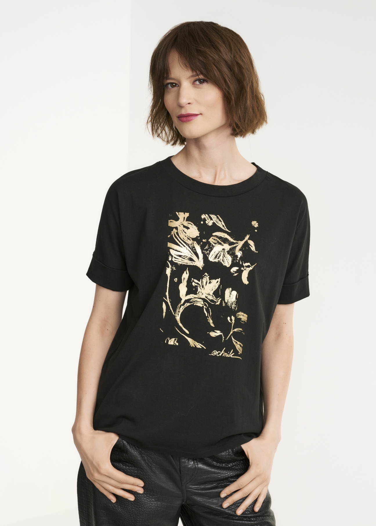 Black Women's T-shirt with gold print TSHDT-0102-99(Z22)-01
