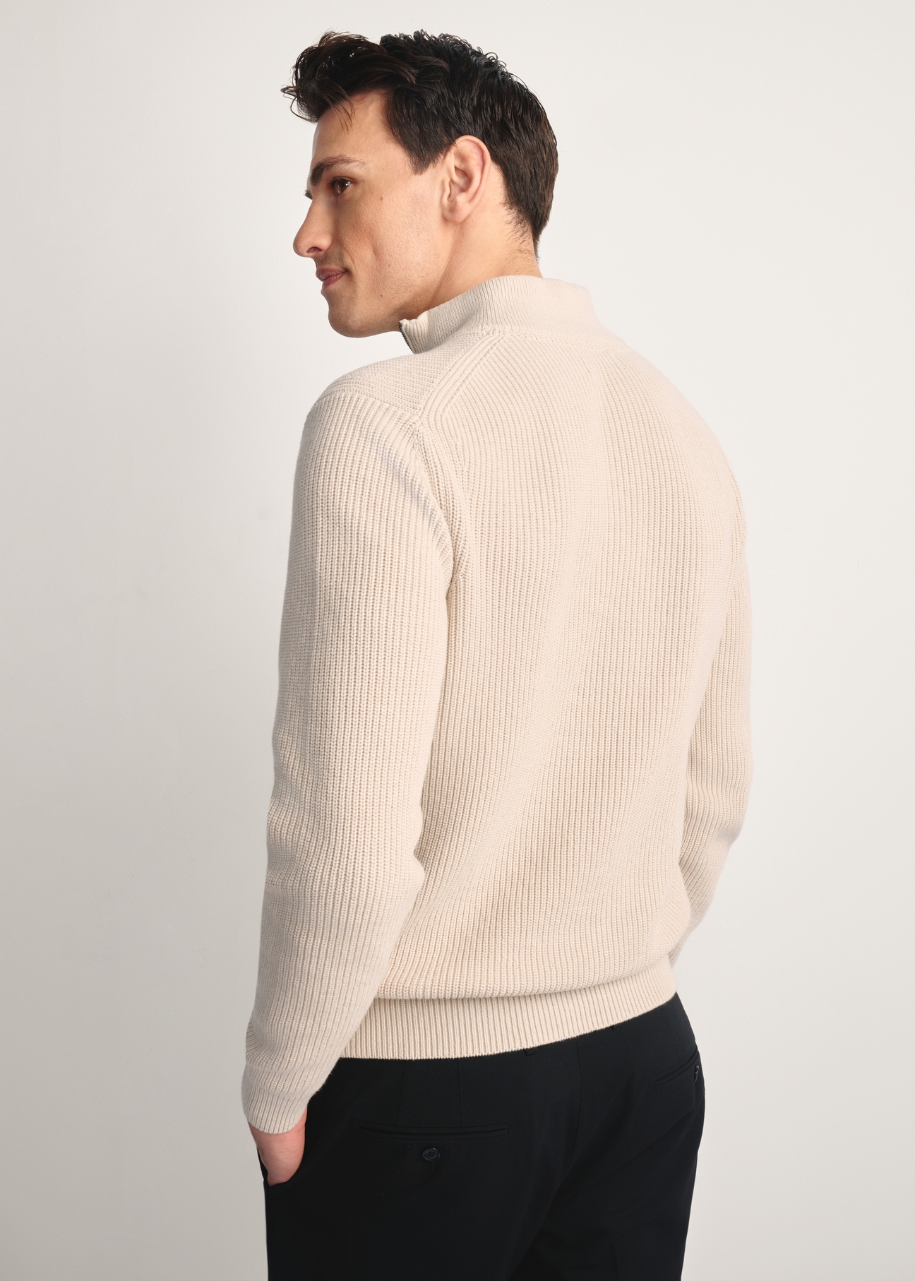 Beige men's sweater SWEMT-0175-80(Z25), product view from the back on the model. Half of the silhouette visible.