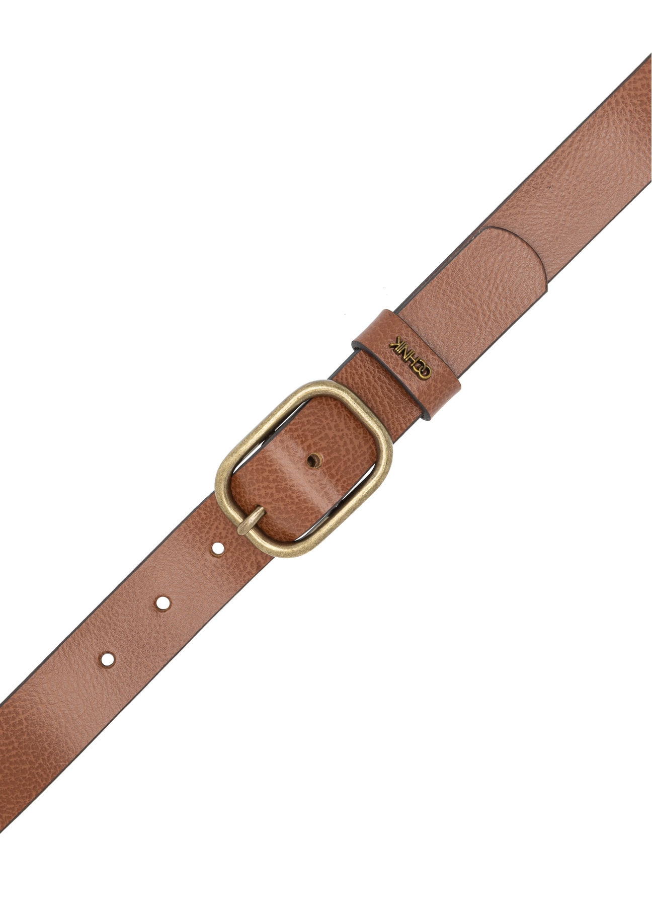 Cognac-colored women's leather belt PASDS-0335-1F(W26), top view of the product on a white background.