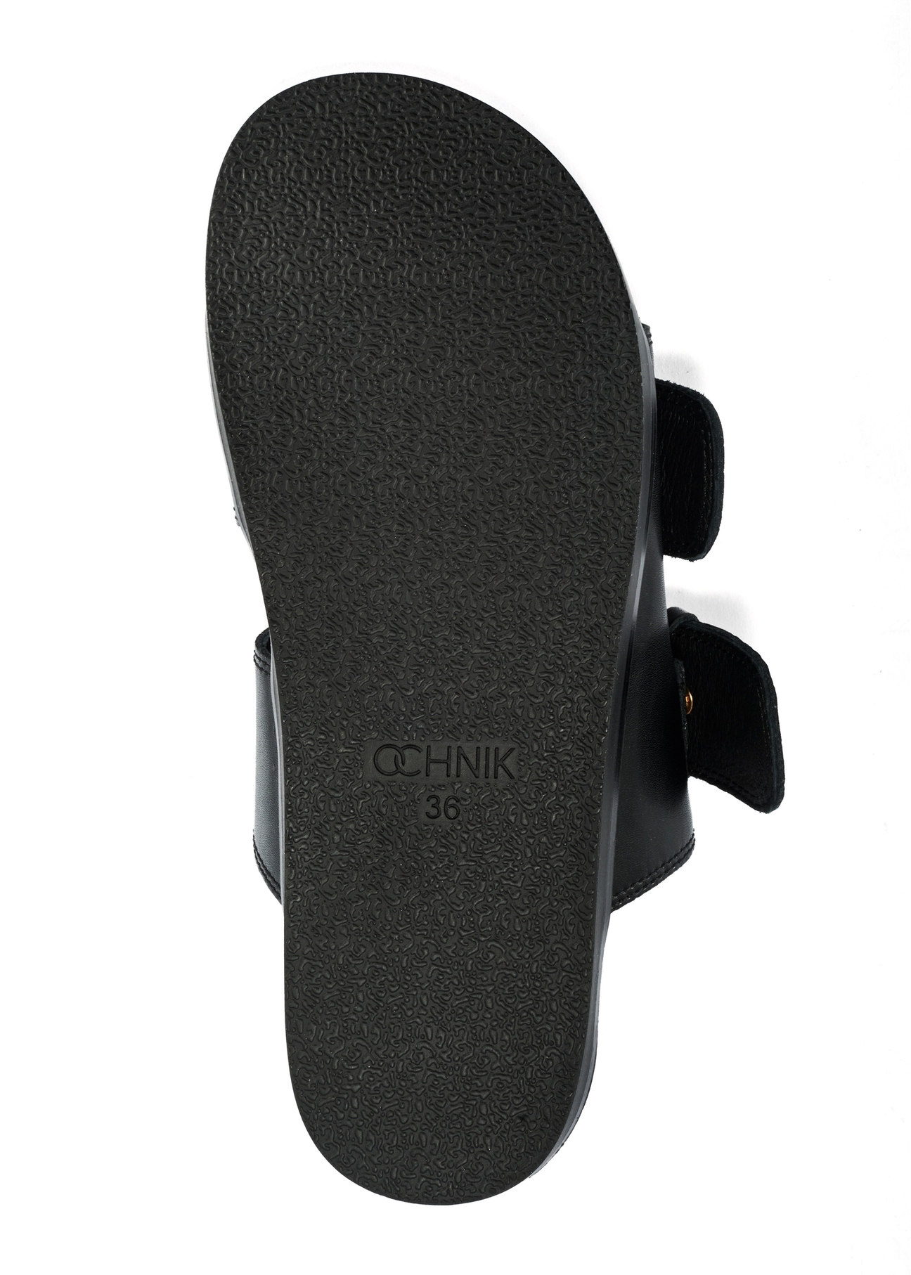 Black women's leather flip-flops BUTYD-1161-99(W25), product visible from below on white background.