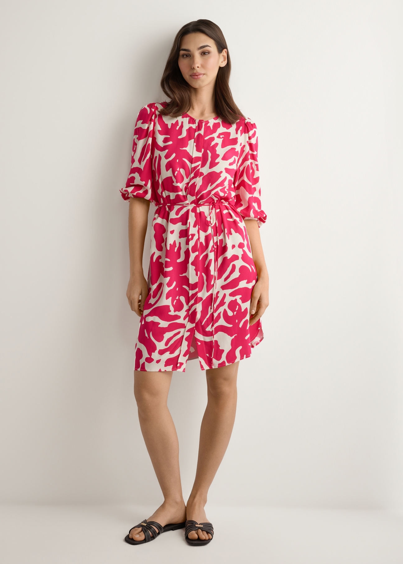 Pink floral viscose dress SUKDT-0271-5P(W26), front view of the product on the model. Full body visible.