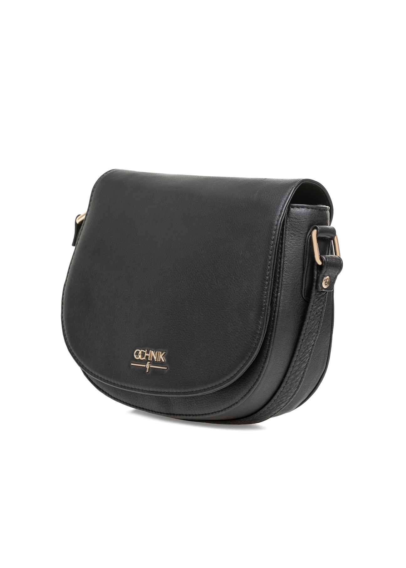 Black leather semi-circular messenger bag TORES-0972E-99(Z25), diagonal product view on white background.