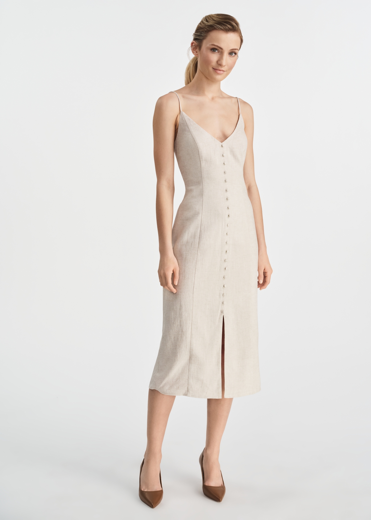 Beige linen midi dress SUKDT-0235-81(W25)-02