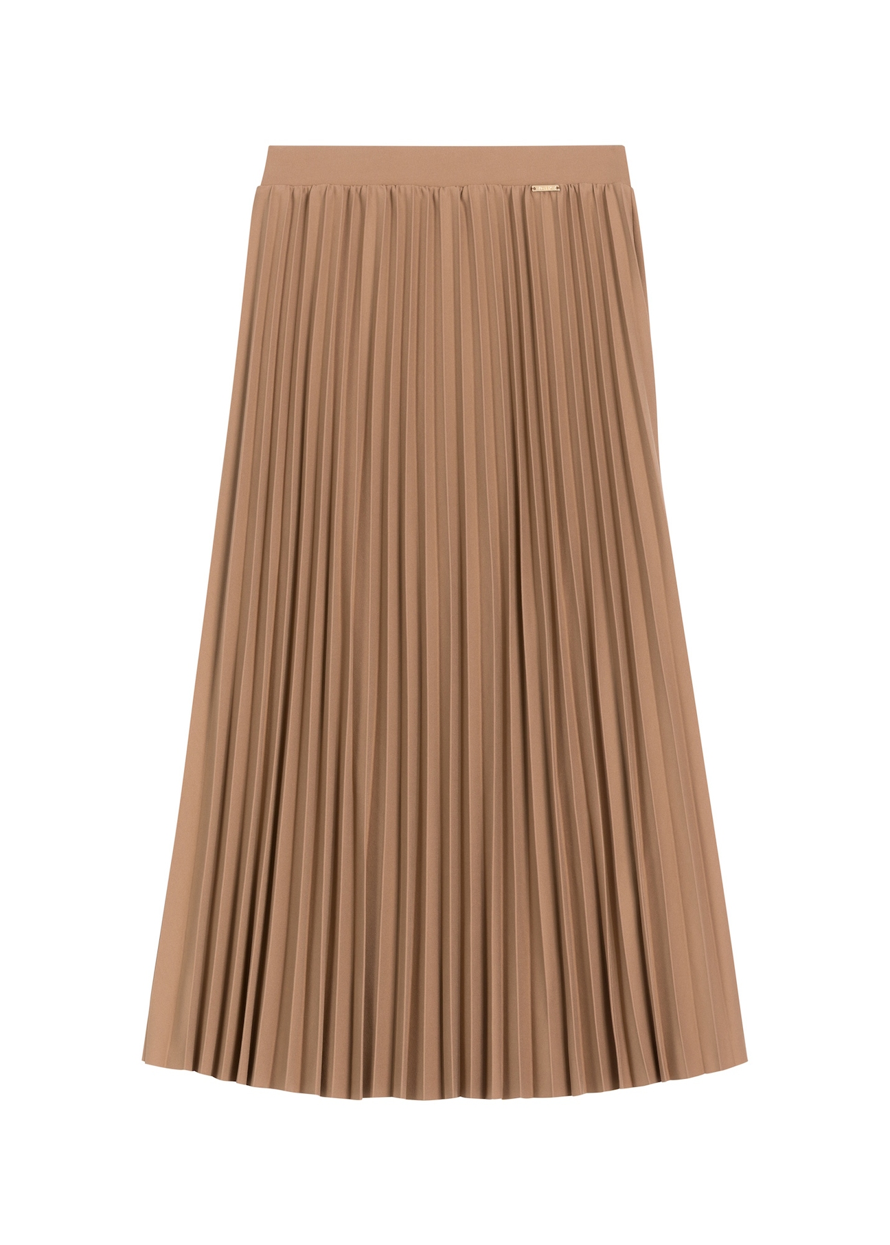 Camel pleated midi skirt SPCDT-0096-1D(Z26), front product view on white background.