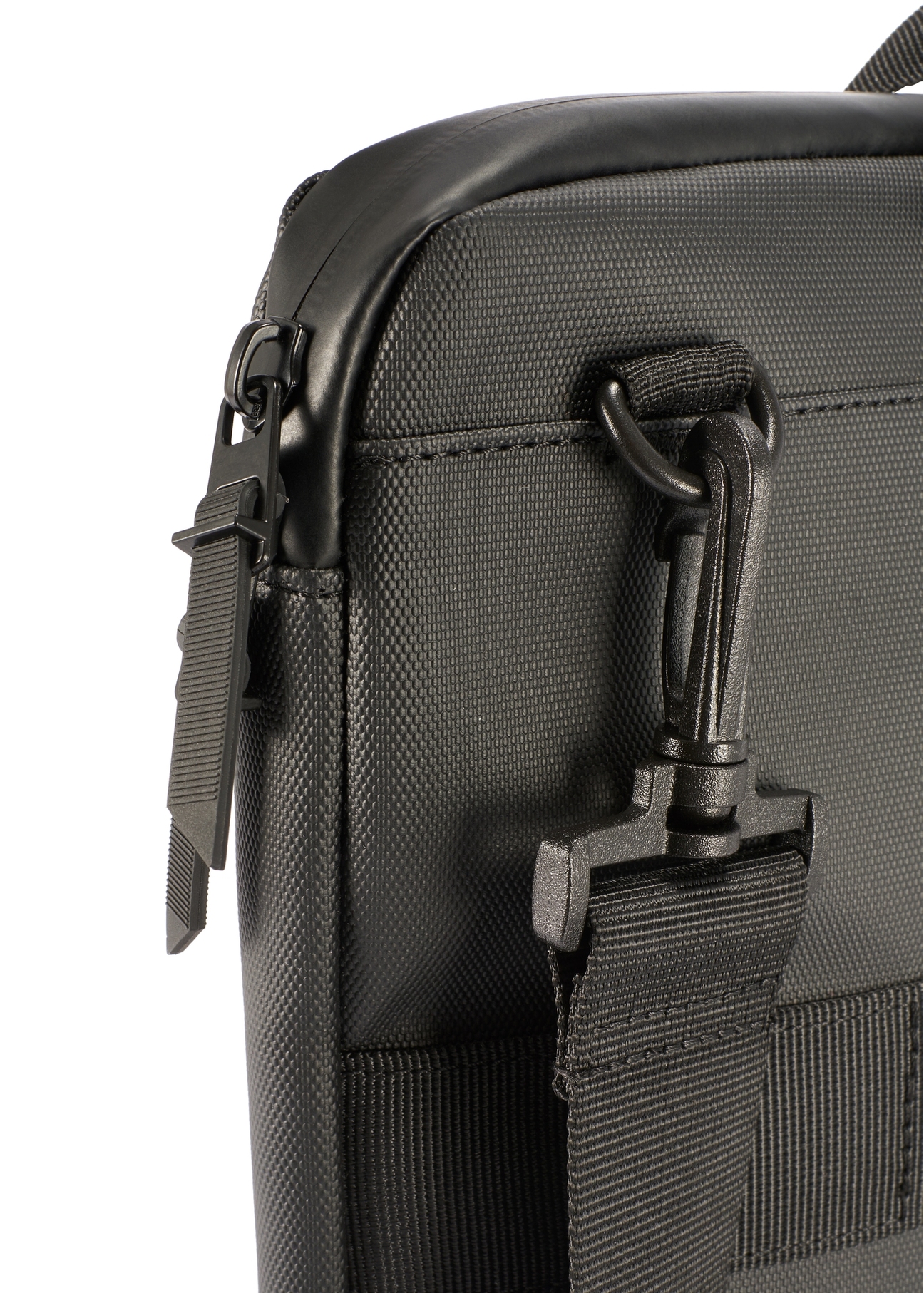 Black laptop bag TORMN-0398-9J(W26), close-up of product detail on white background.