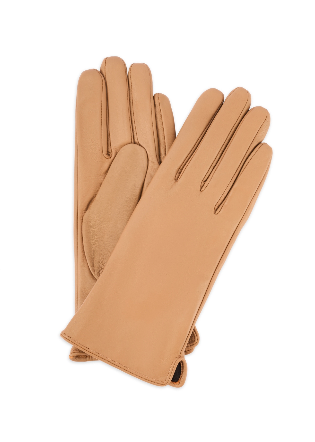 Beige women's leather gloves REKDS-0001A-81(Z25), product view from the front and back on a white background.