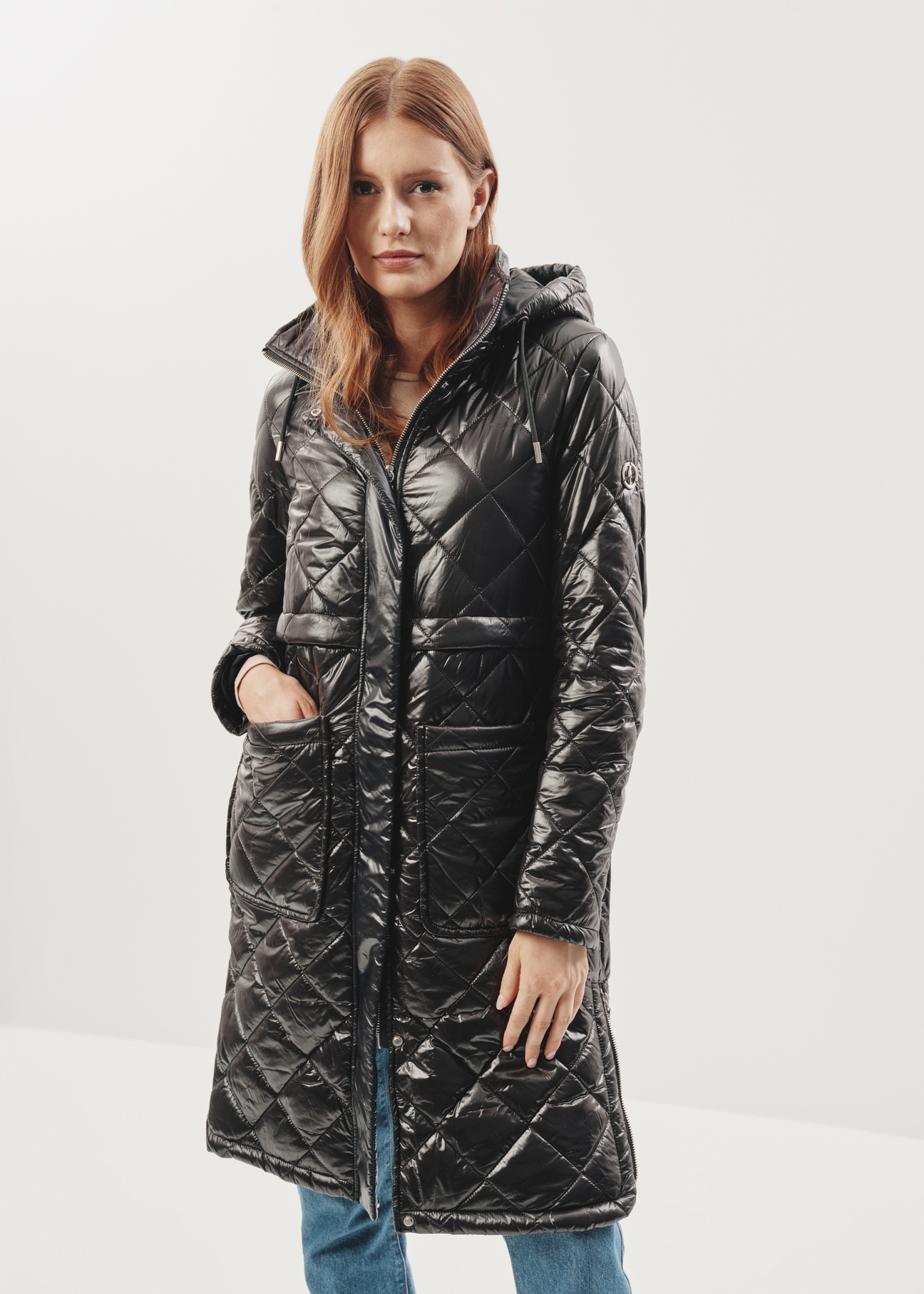 Women's long black jacket KURDT-0476-99(Z23)-02