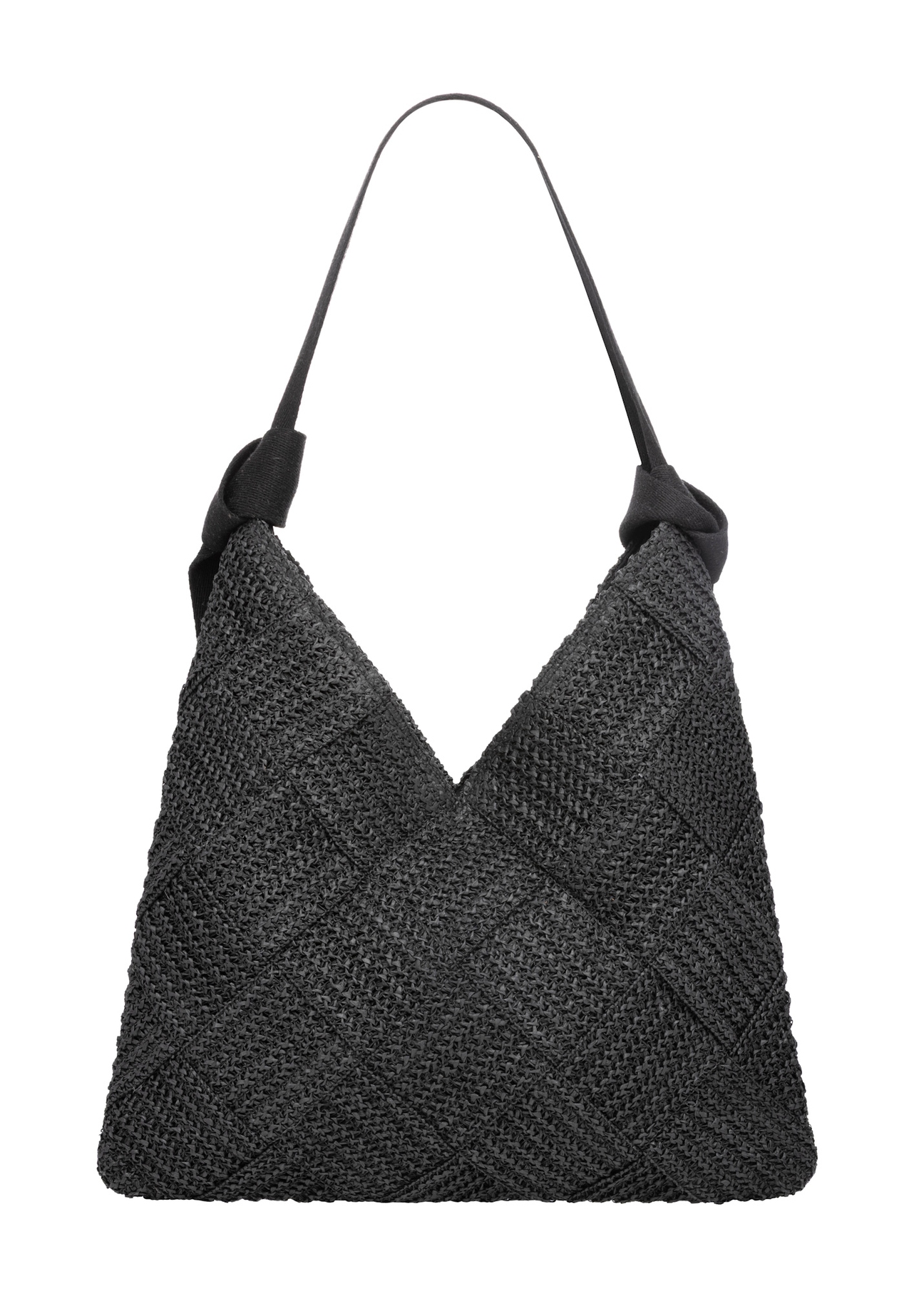 Black women's handbag made of natural fiber TOREC-1039-99(W26), product view from the back on a white background.