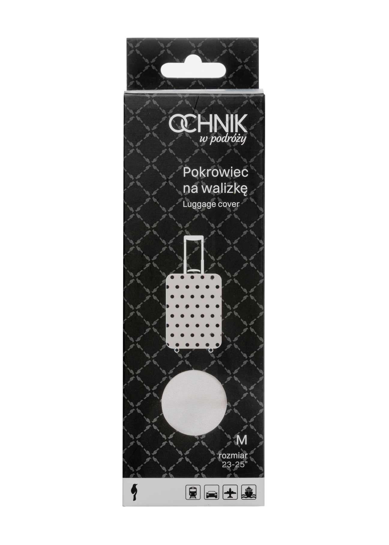 Medium polka dot suitcase cover AW-013-0007-0P-M(W26), front view of the product in the packaging.