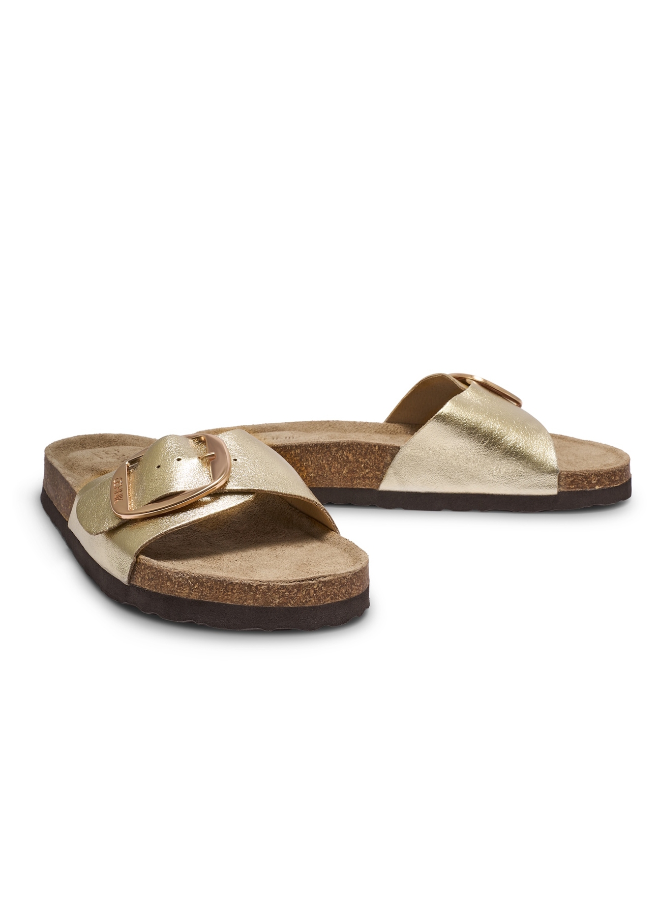 Women's leather flip-flops in gold color BUTYD-1157-2X(W26), diagonal product view on a white background.