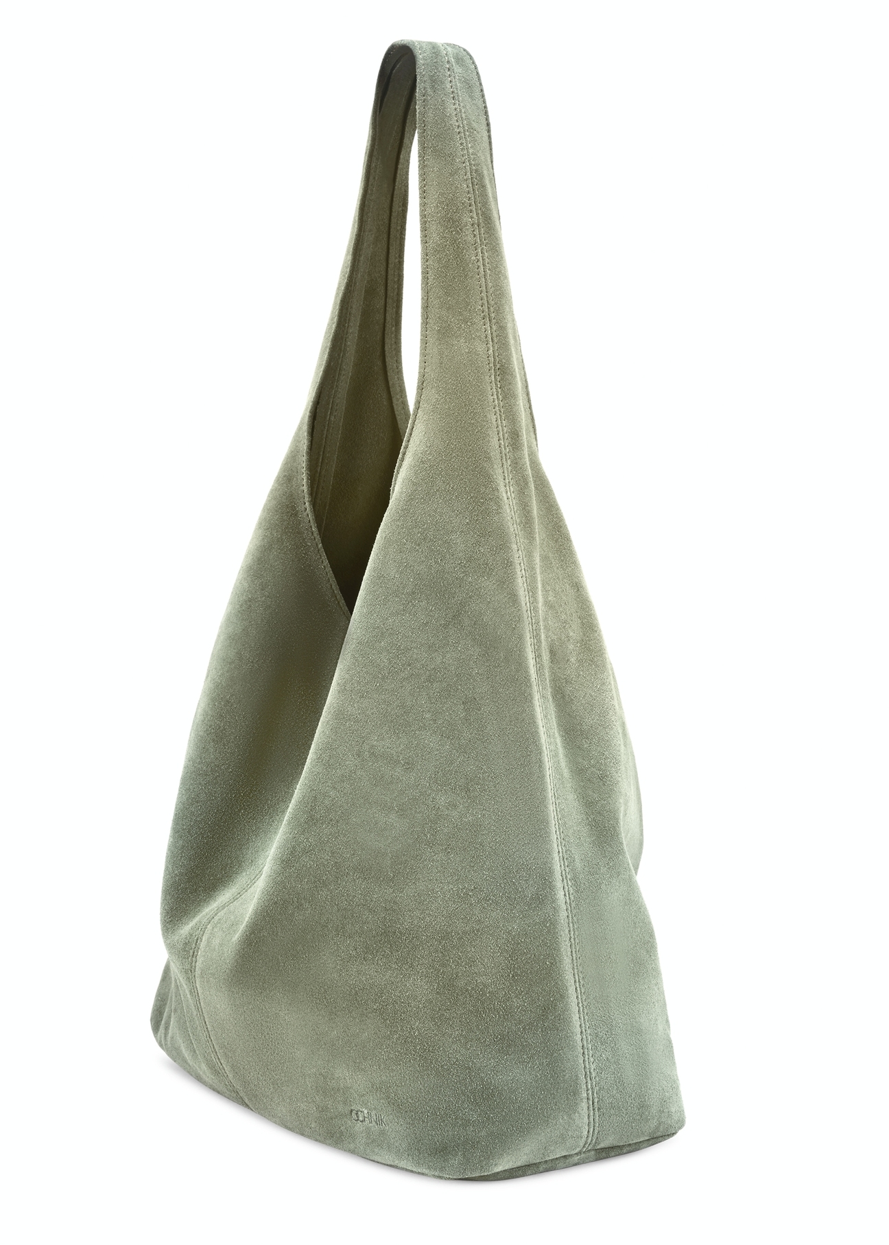 Sage suede women's shopper bag TORES-1177-8F(W26), diagonal product view on white background.
