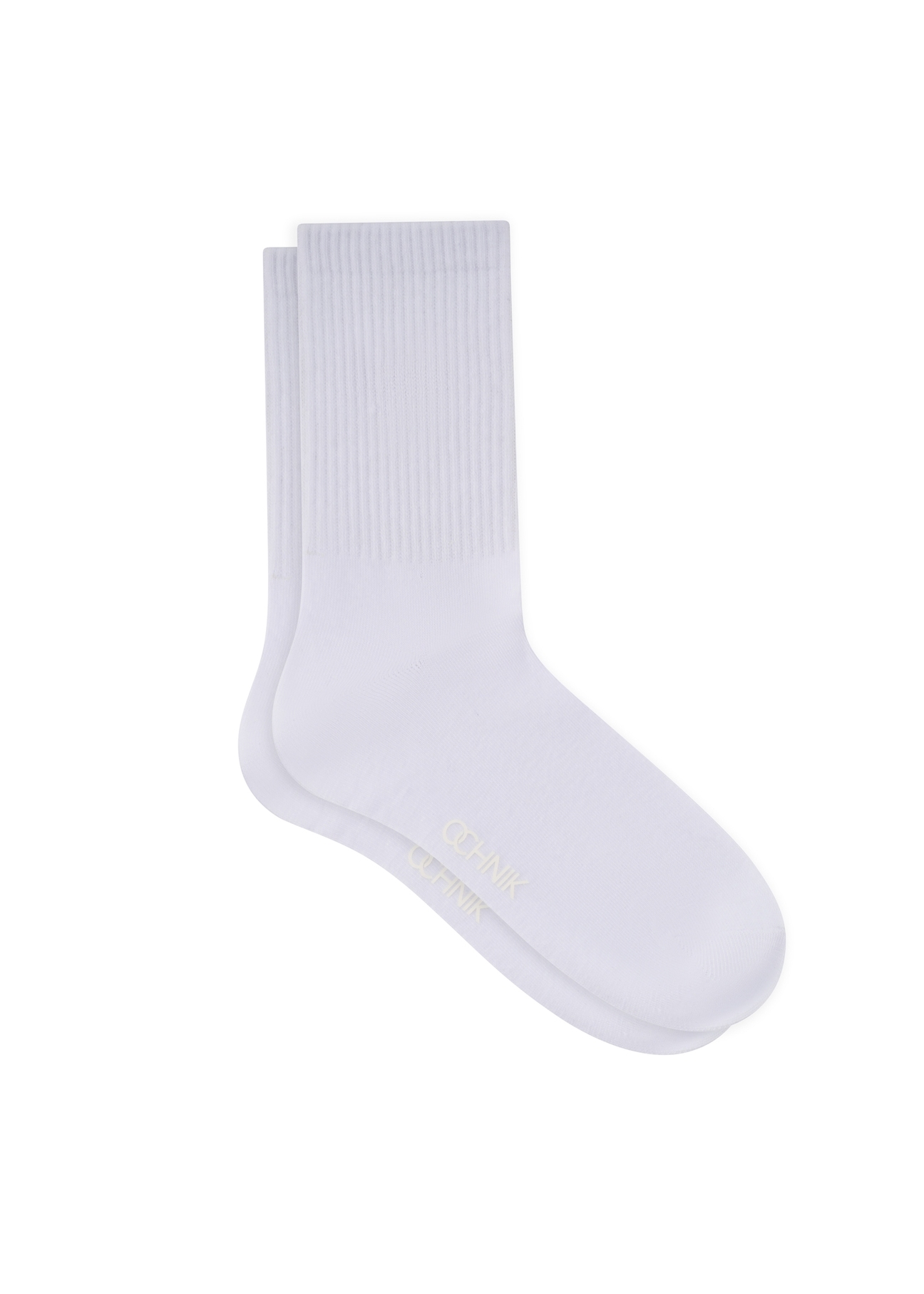 Women's white long socks SKADT-0079-0B(W26), side view of the product on a white background.