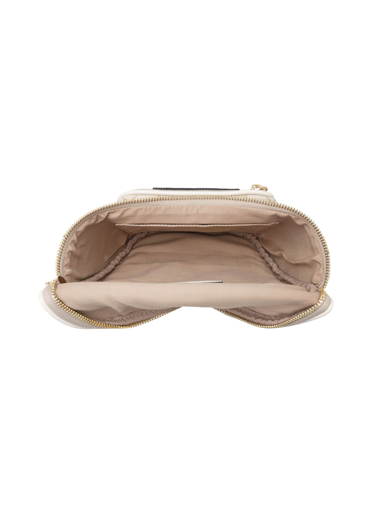 Cream women's waist bag with monogram TOREC-1157-0P(W26) - product view from above, on a white background.