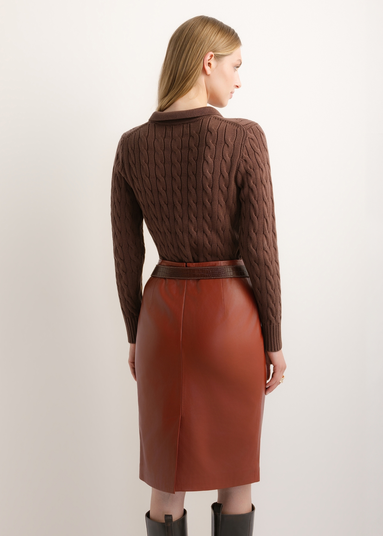 Brown cotton polo sweater for women SWEDT-0281-1H(Z26)