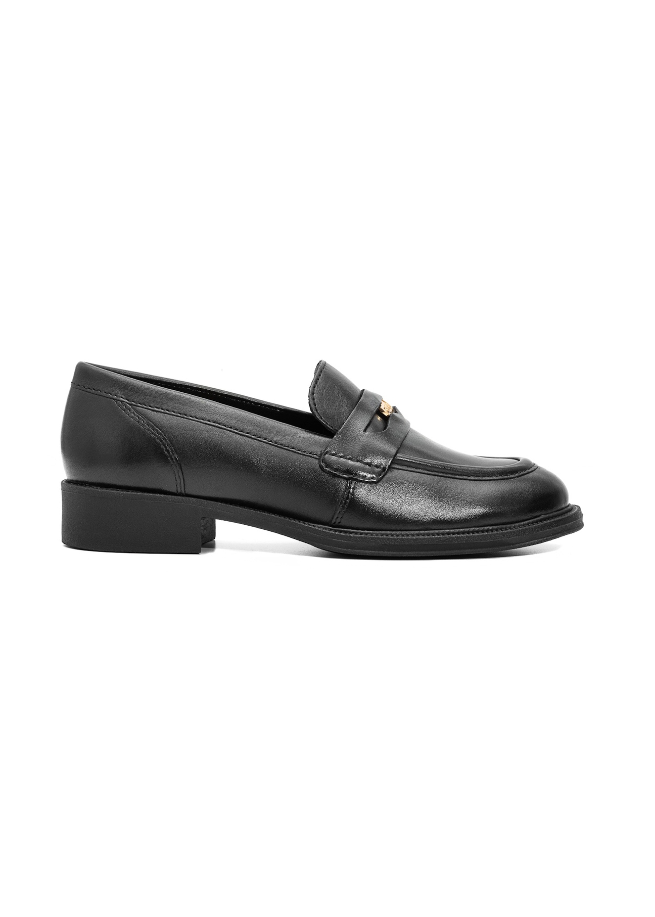 Women's black leather moccasins with logo BUTYD-1199-99(Z25), side view of the product on a white background.