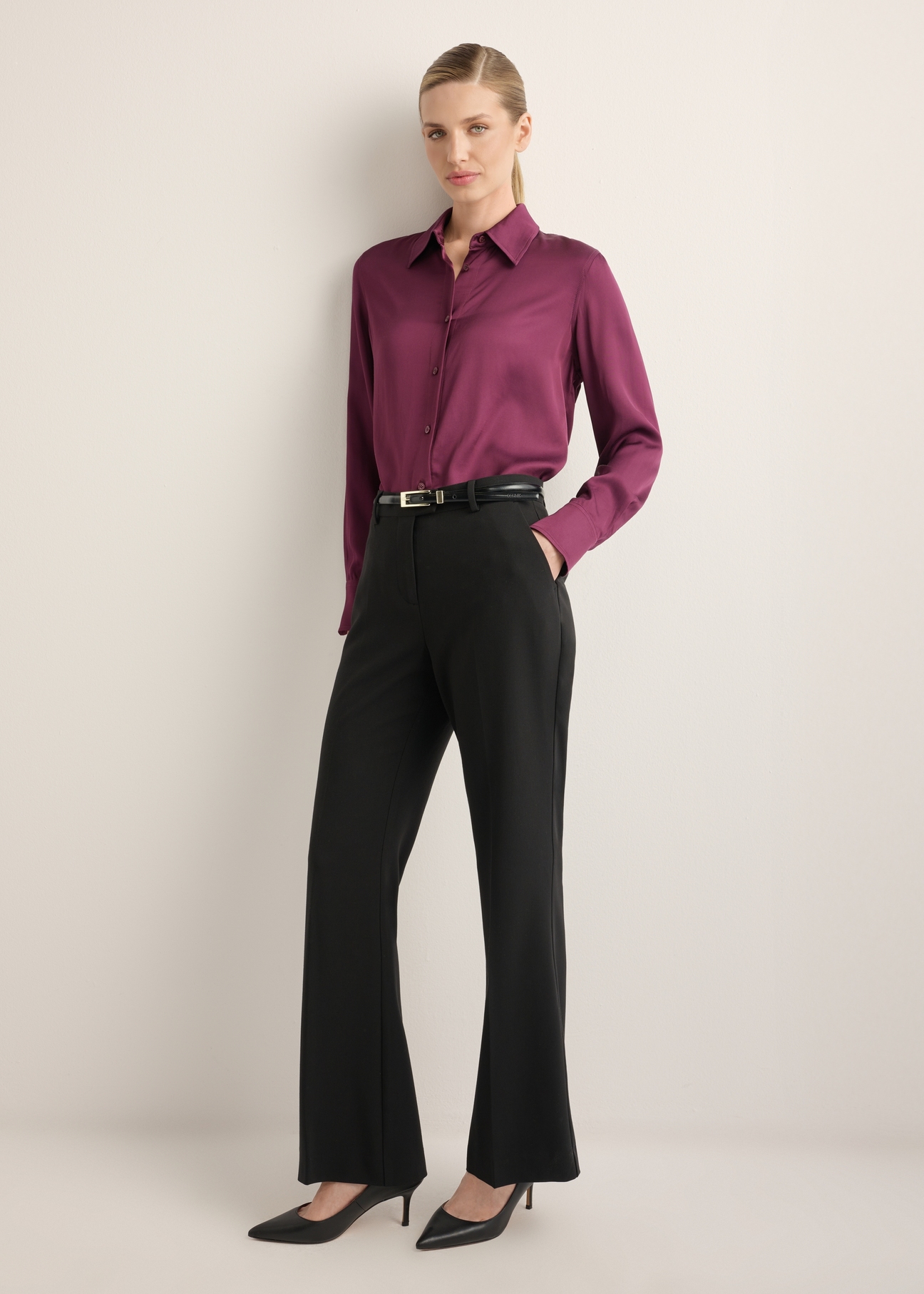 Women's burgundy shirt KOSDT-0172-4D(Z26), front view of the product on the model. Full body visible.