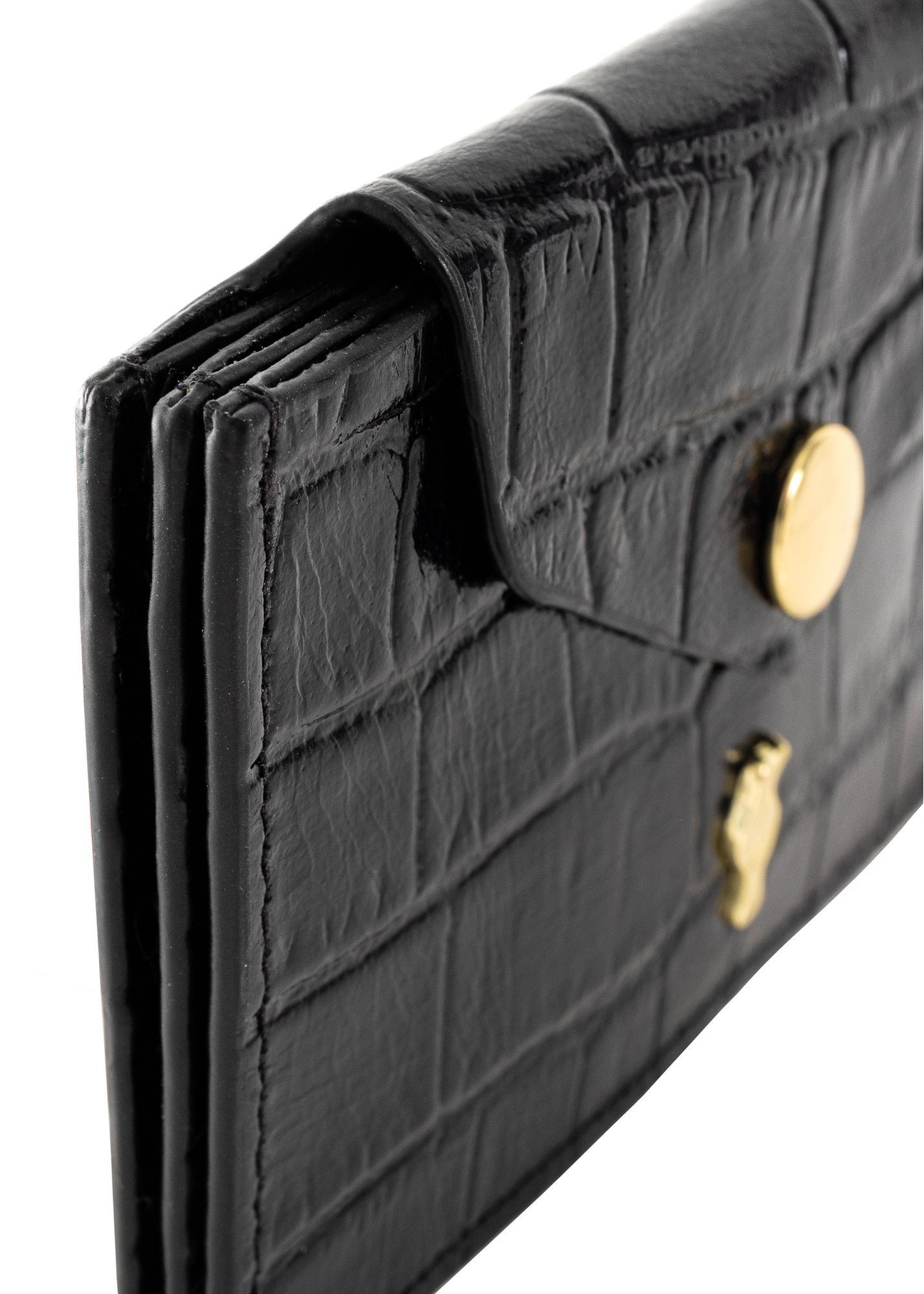 Small black leather women's wallet PORES-0890-9G(W26), close-up of the product detail on a white background.