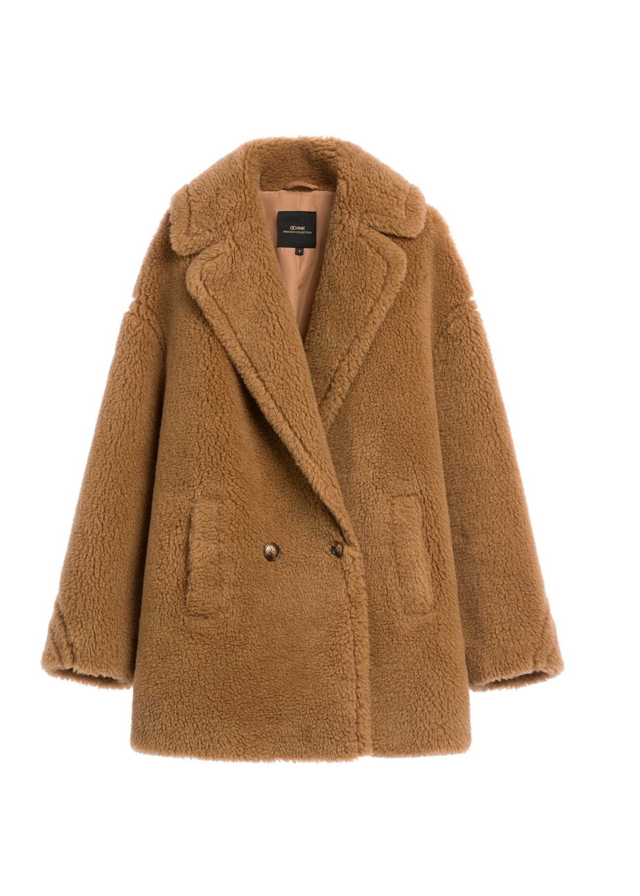 Women's camel fur coat with wool FUTDW-0040-1D(Z26) - front product view, on white background.