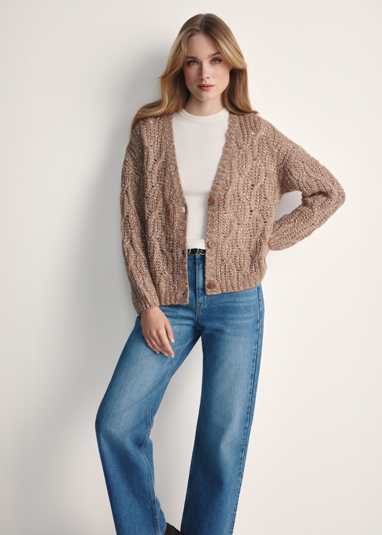 Women's camel cardigan KARDT-0054-24(Z25) - front product view on white background. Full silhouette visible.