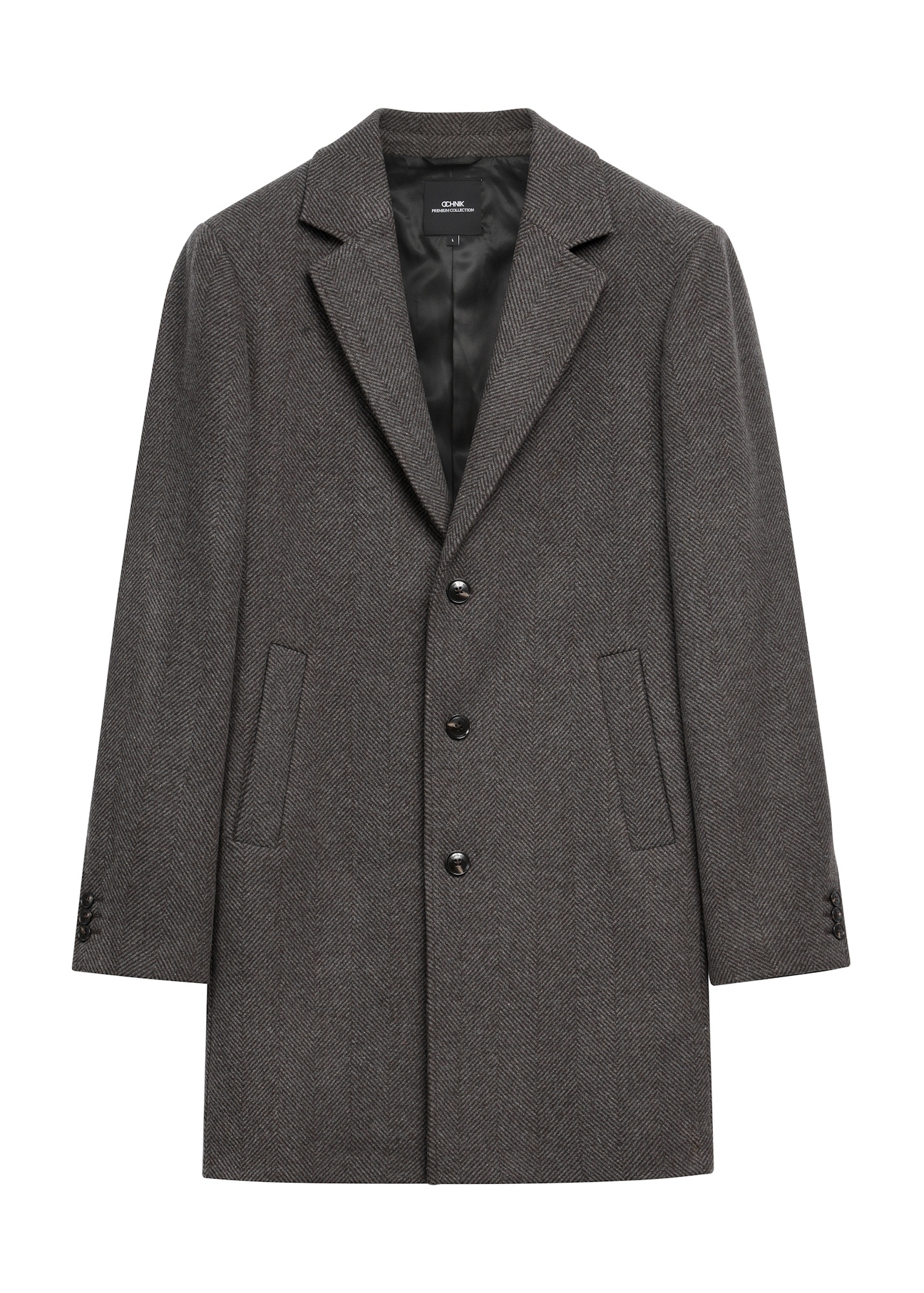 Men's wool herringbone coat PLAMT-0006-9C(Z26), front product view on white background.
