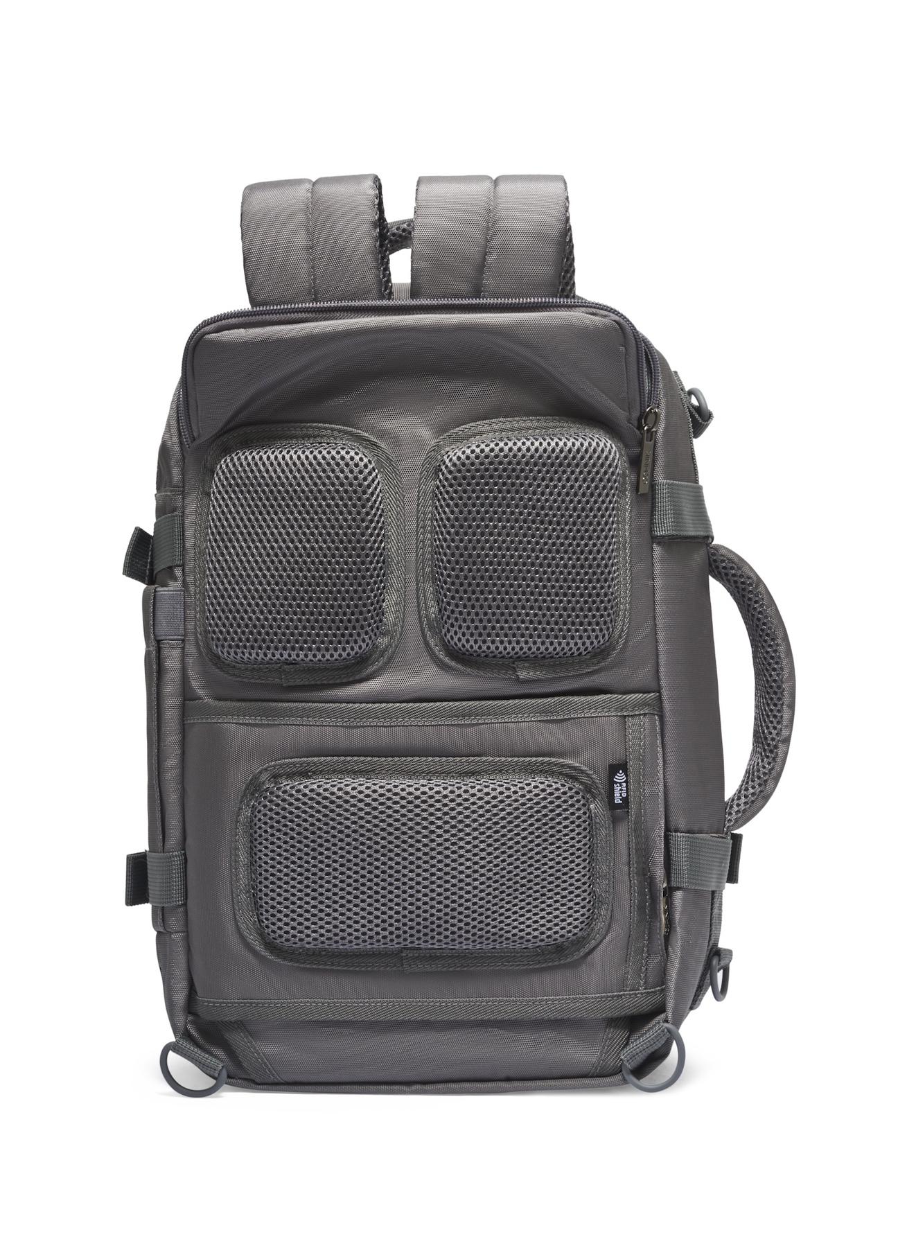 Graphite airplane backpack PLCMN-0017-9D(Z26), product view from the back on a light background.