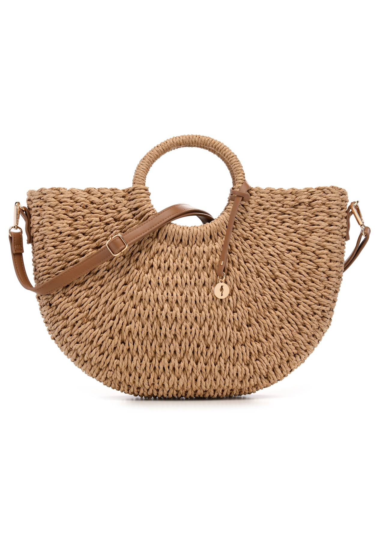Semi-circular beige woven handbag TOREC-0940-1E(W26), front product view on white background.