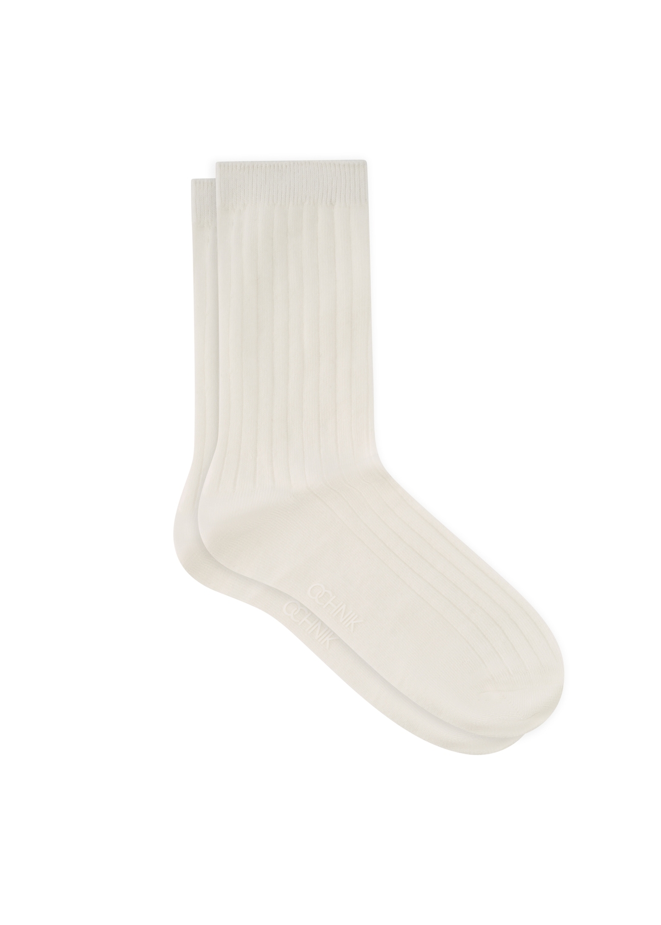Women's white ribbed long socks SKADT-0072-0B(W26), side product view on white background.